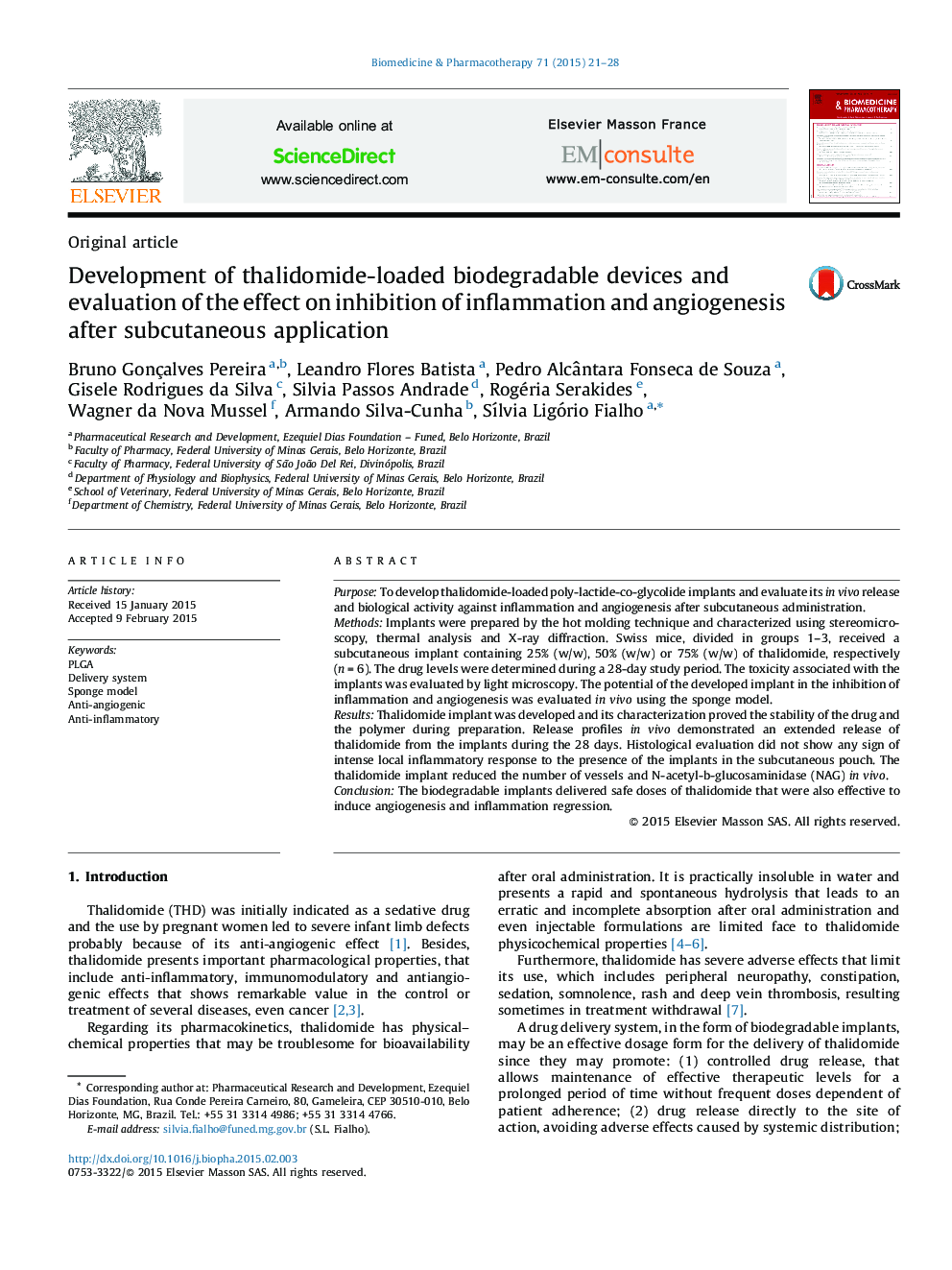 Development of thalidomide-loaded biodegradable devices and evaluation of the effect on inhibition of inflammation and angiogenesis after subcutaneous application