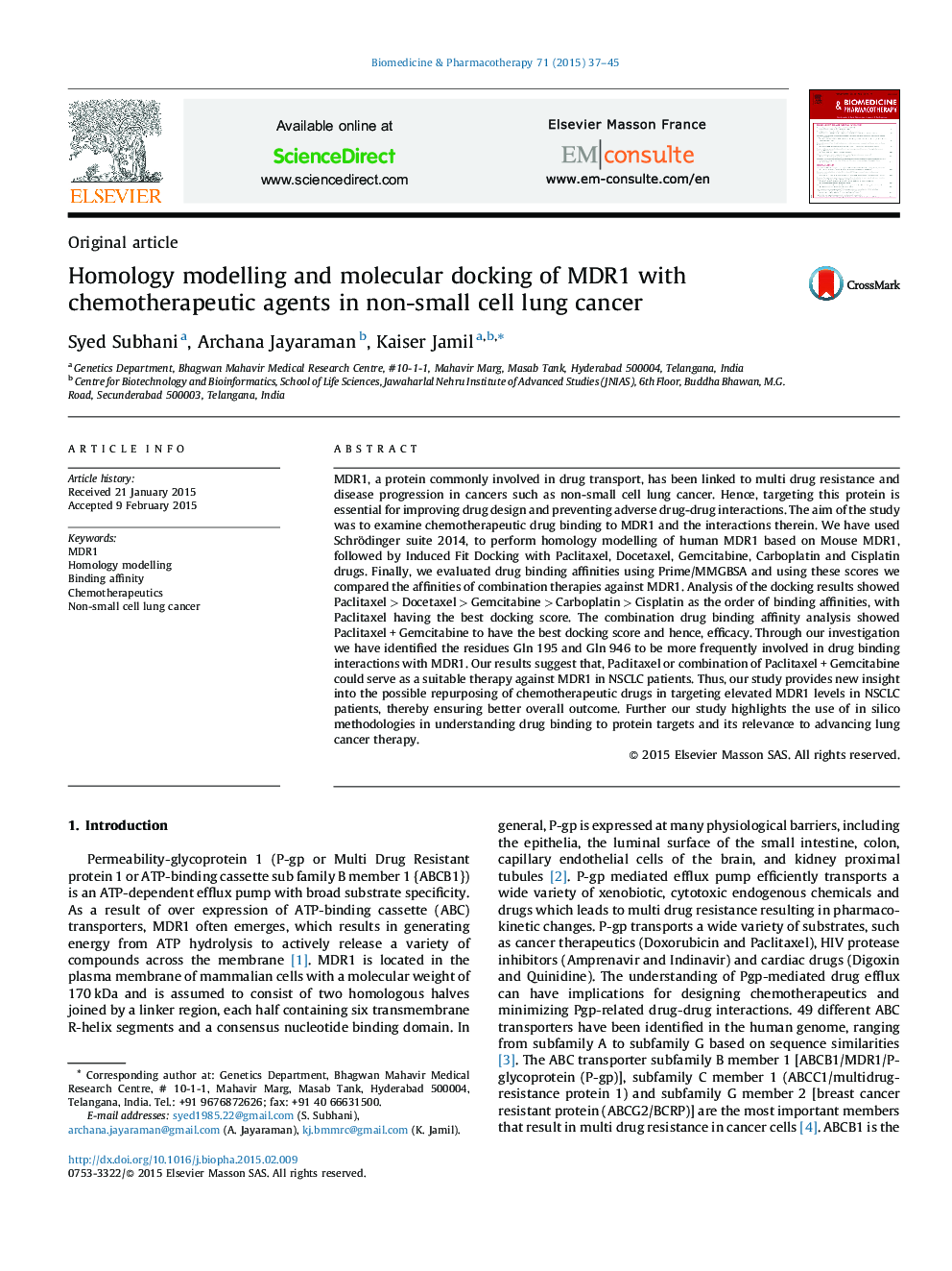 Homology modelling and molecular docking of MDR1 with chemotherapeutic agents in non-small cell lung cancer