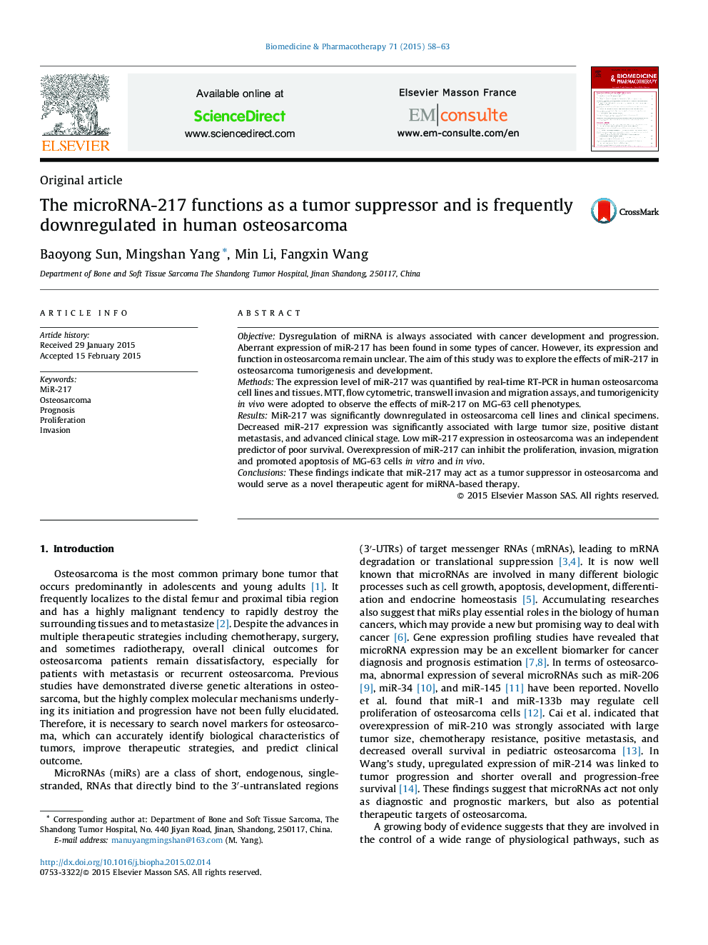 The microRNA-217 functions as a tumor suppressor and is frequently downregulated in human osteosarcoma