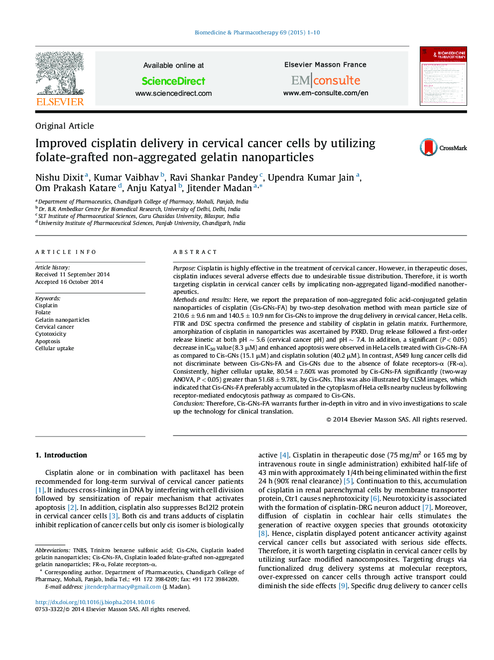 بهبودی تحویل سیس پلاتین در سلول های سرطانی گردن با استفاده از نانوذرات ژلاتین غیر تجمعی فولات 