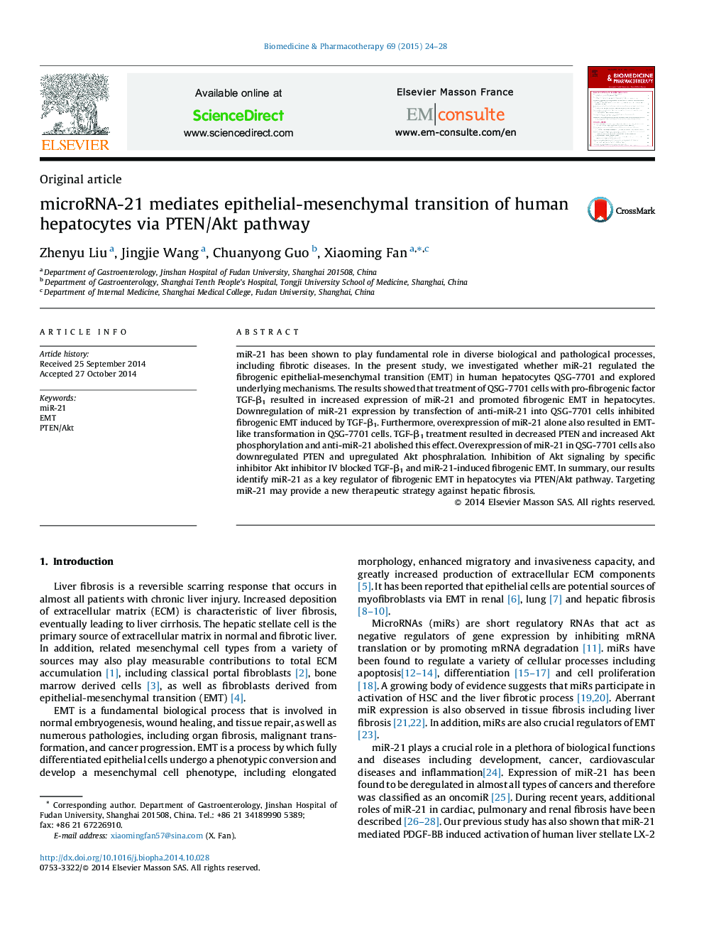 microRNA-21 mediates epithelial-mesenchymal transition of human hepatocytes via PTEN/Akt pathway