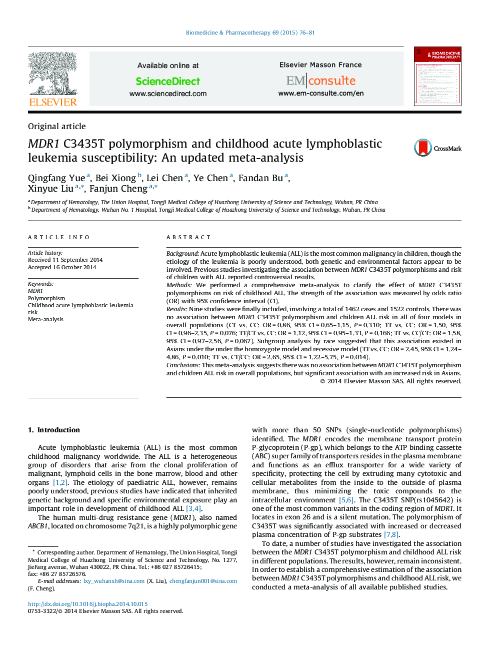 MDR1 C3435T polymorphism and childhood acute lymphoblastic leukemia susceptibility: An updated meta-analysis