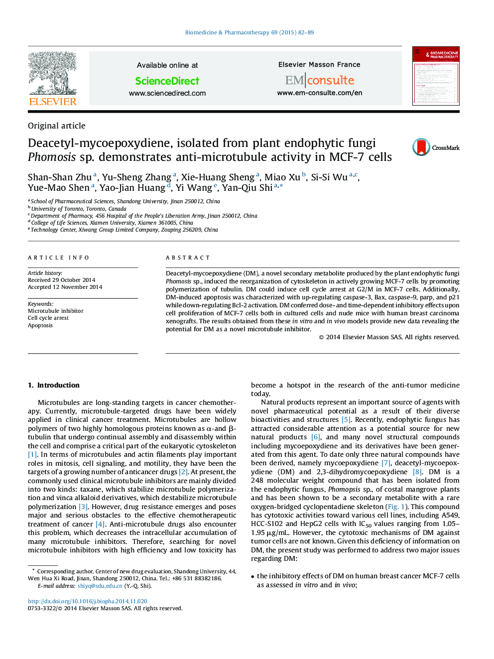 Deacetyl-mycoepoxydiene, isolated from plant endophytic fungi Phomosis sp. demonstrates anti-microtubule activity in MCF-7 cells