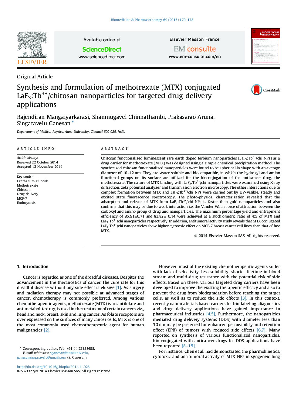 Synthesis and formulation of methotrexate (MTX) conjugated LaF3:Tb3+/chitosan nanoparticles for targeted drug delivery applications