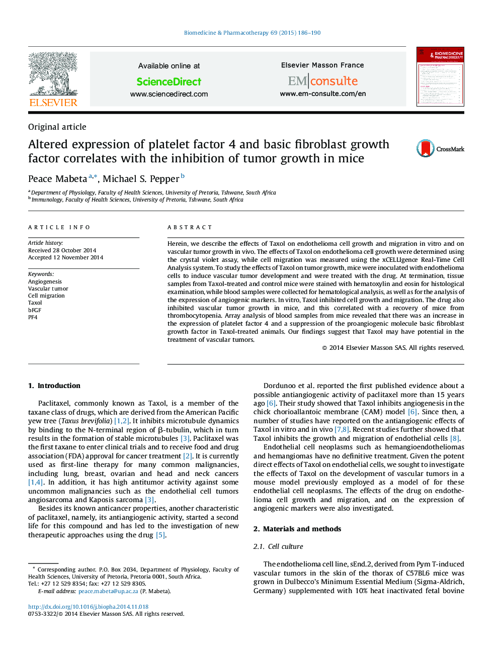 Altered expression of platelet factor 4 and basic fibroblast growth factor correlates with the inhibition of tumor growth in mice