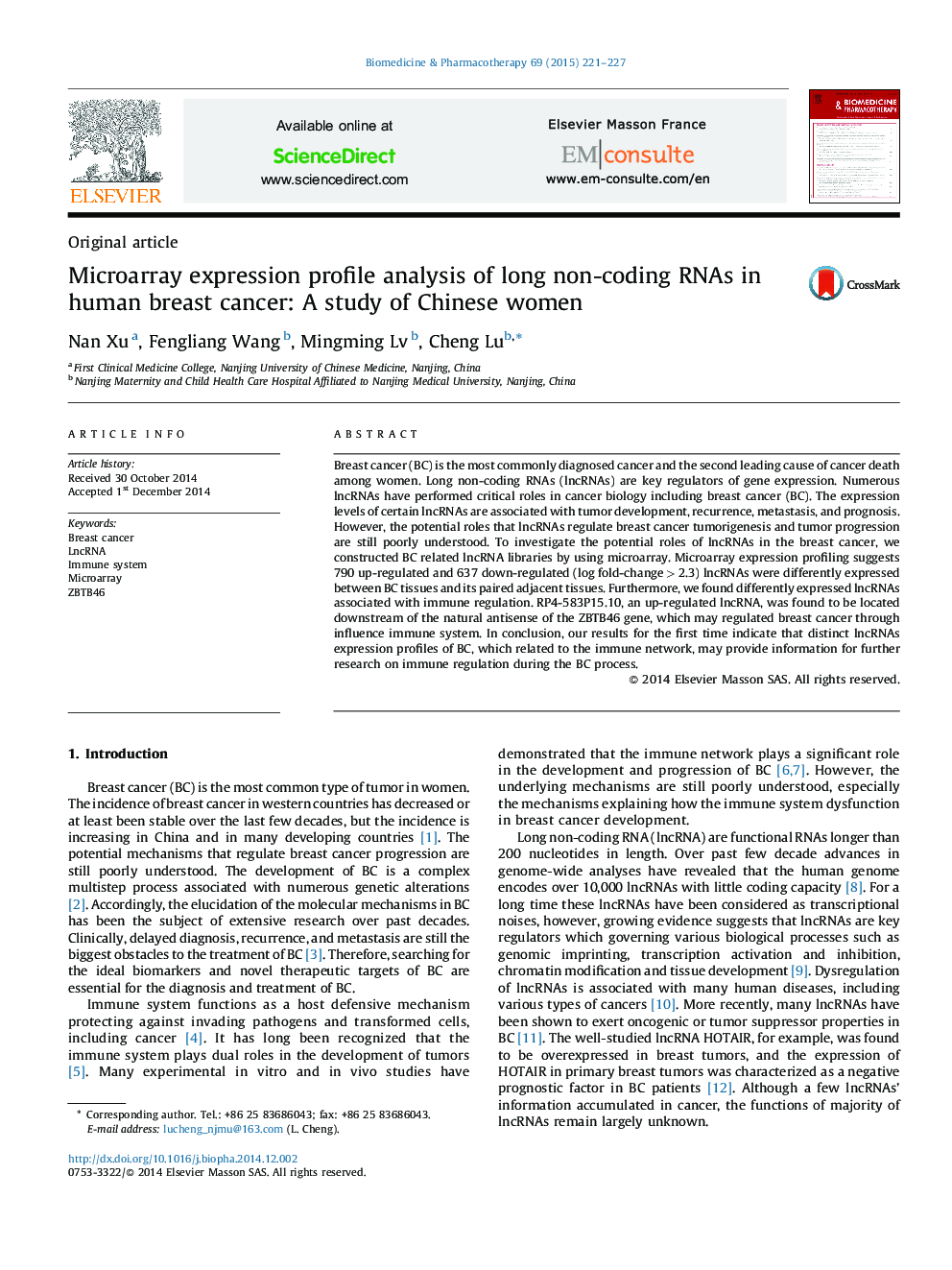 Microarray expression profile analysis of long non-coding RNAs in human breast cancer: A study of Chinese women