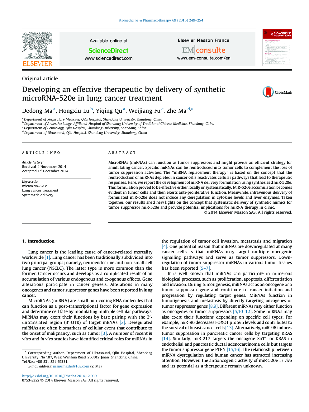 Developing an effective therapeutic by delivery of synthetic microRNA-520e in lung cancer treatment