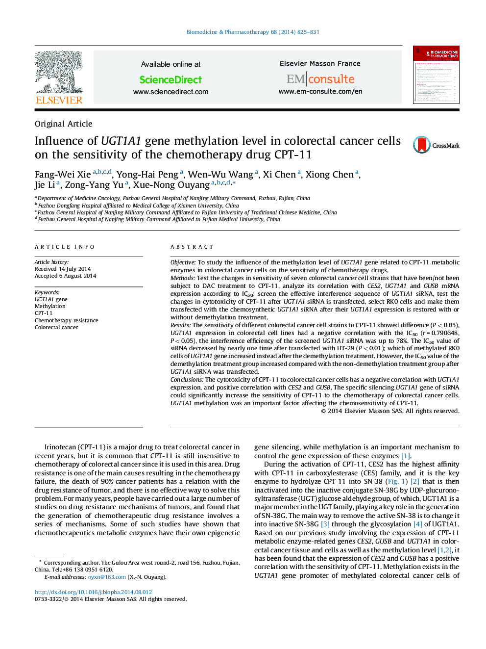 Influence of UGT1A1 gene methylation level in colorectal cancer cells on the sensitivity of the chemotherapy drug CPT-11