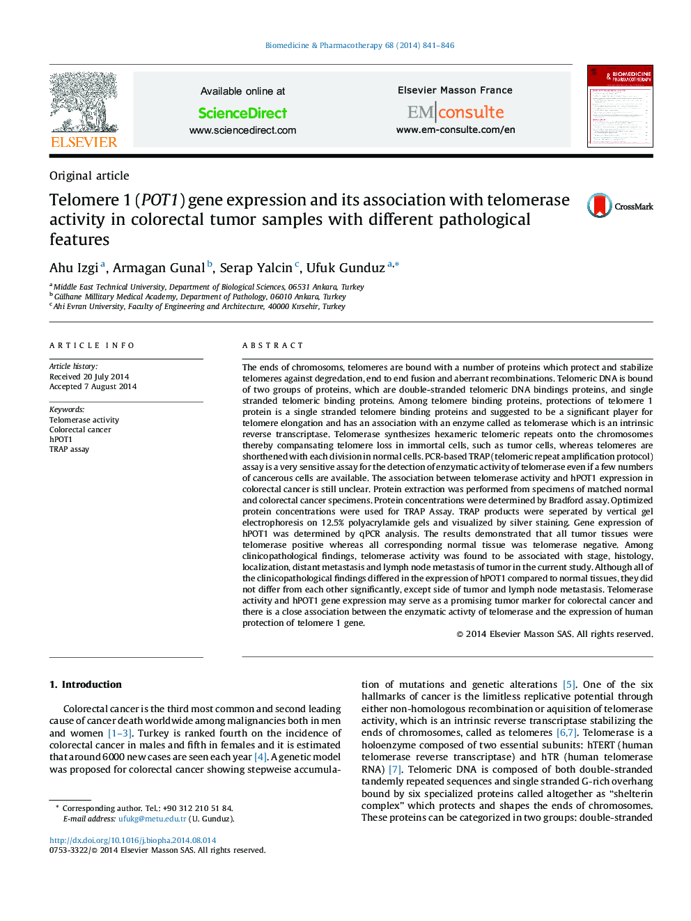 Telomere 1 (POT1) gene expression and its association with telomerase activity in colorectal tumor samples with different pathological features