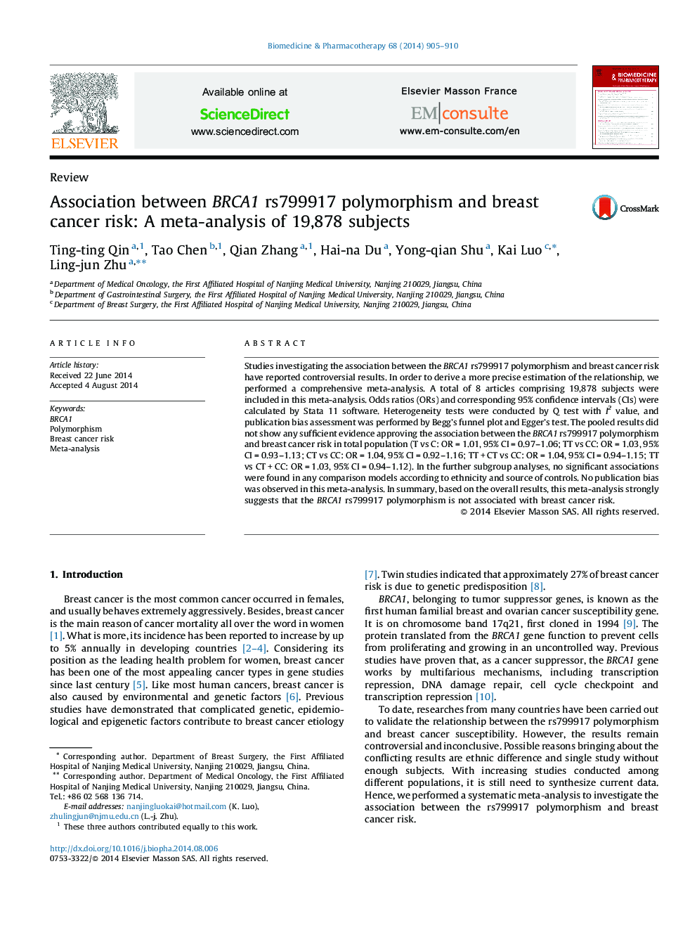 Association between BRCA1 rs799917 polymorphism and breast cancer risk: A meta-analysis of 19,878 subjects