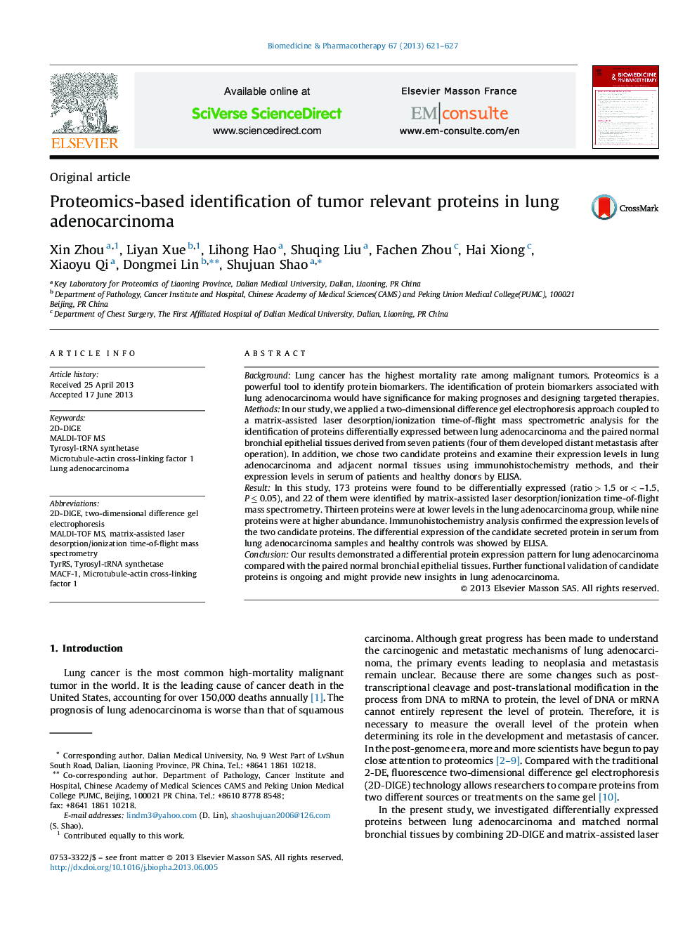 Proteomics-based identification of tumor relevant proteins in lung adenocarcinoma