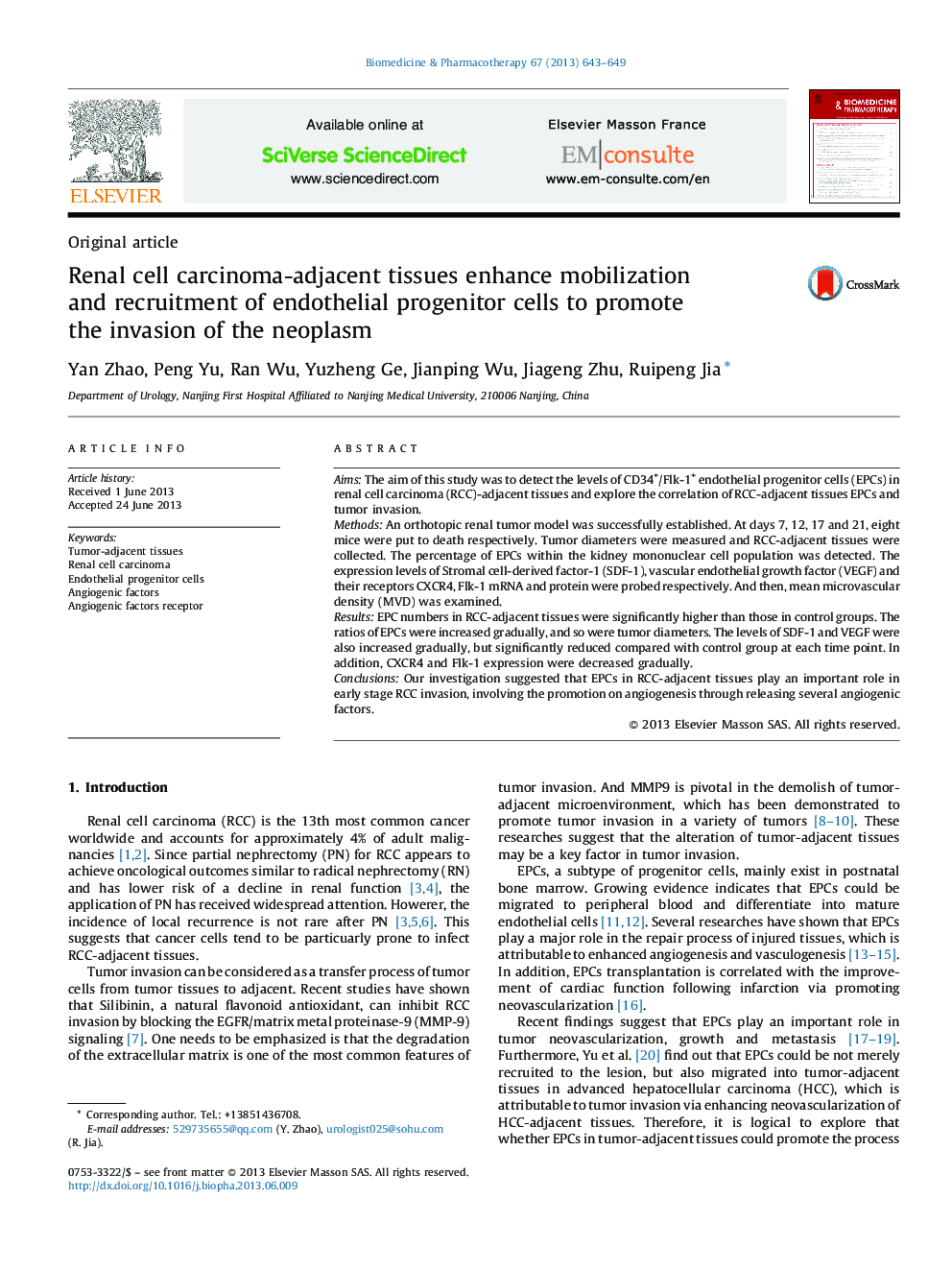 Renal cell carcinoma-adjacent tissues enhance mobilization and recruitment of endothelial progenitor cells to promote the invasion of the neoplasm