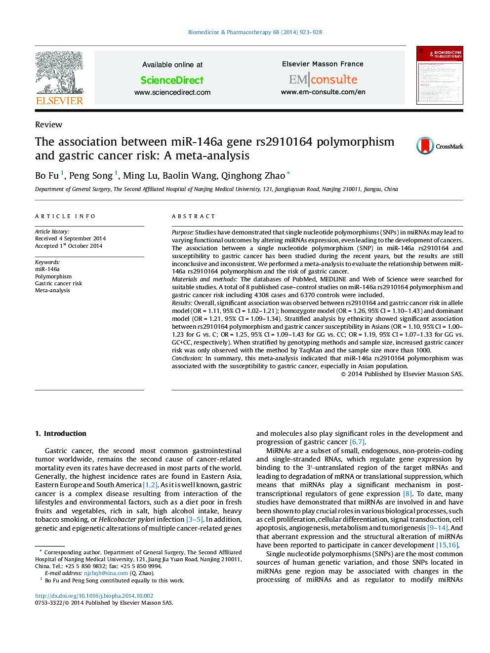 The association between miR-146a gene rs2910164 polymorphism and gastric cancer risk: A meta-analysis