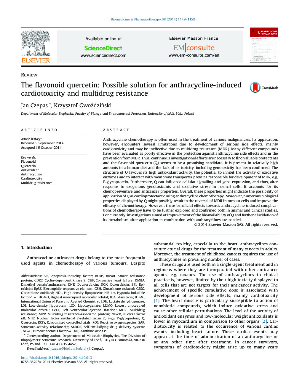 The flavonoid quercetin: Possible solution for anthracycline-induced cardiotoxicity and multidrug resistance