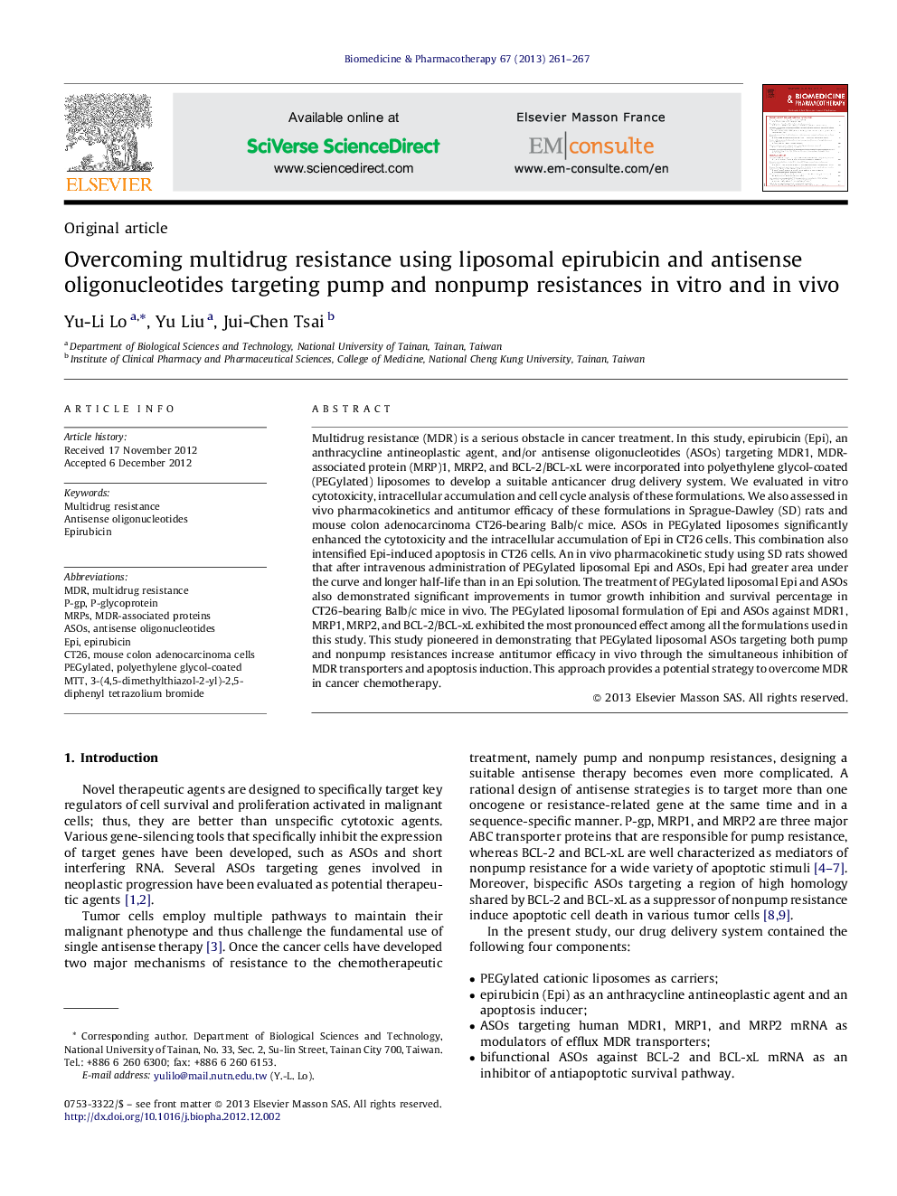 Overcoming multidrug resistance using liposomal epirubicin and antisense oligonucleotides targeting pump and nonpump resistances in vitro and in vivo