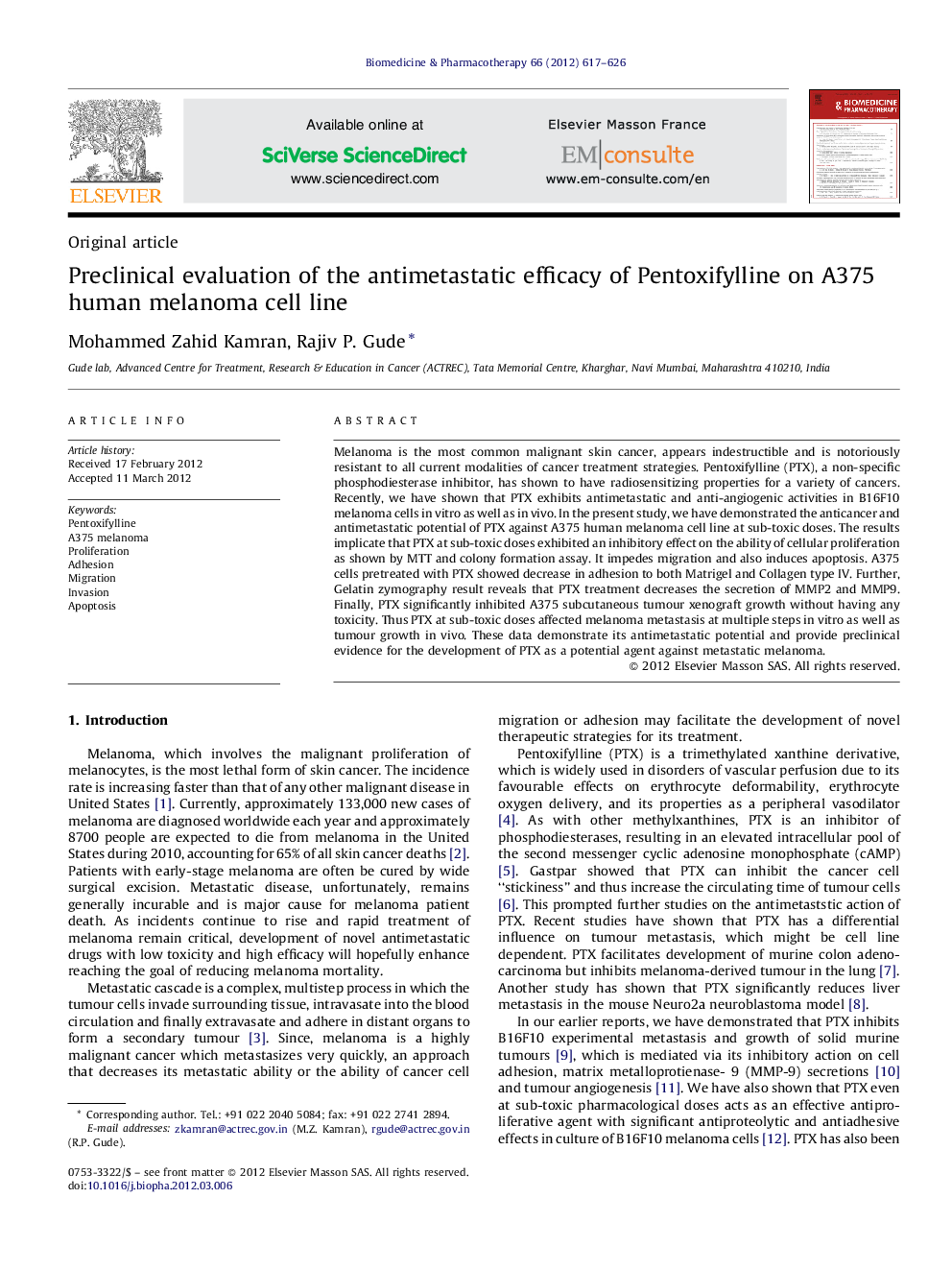 Preclinical evaluation of the antimetastatic efficacy of Pentoxifylline on A375 human melanoma cell line