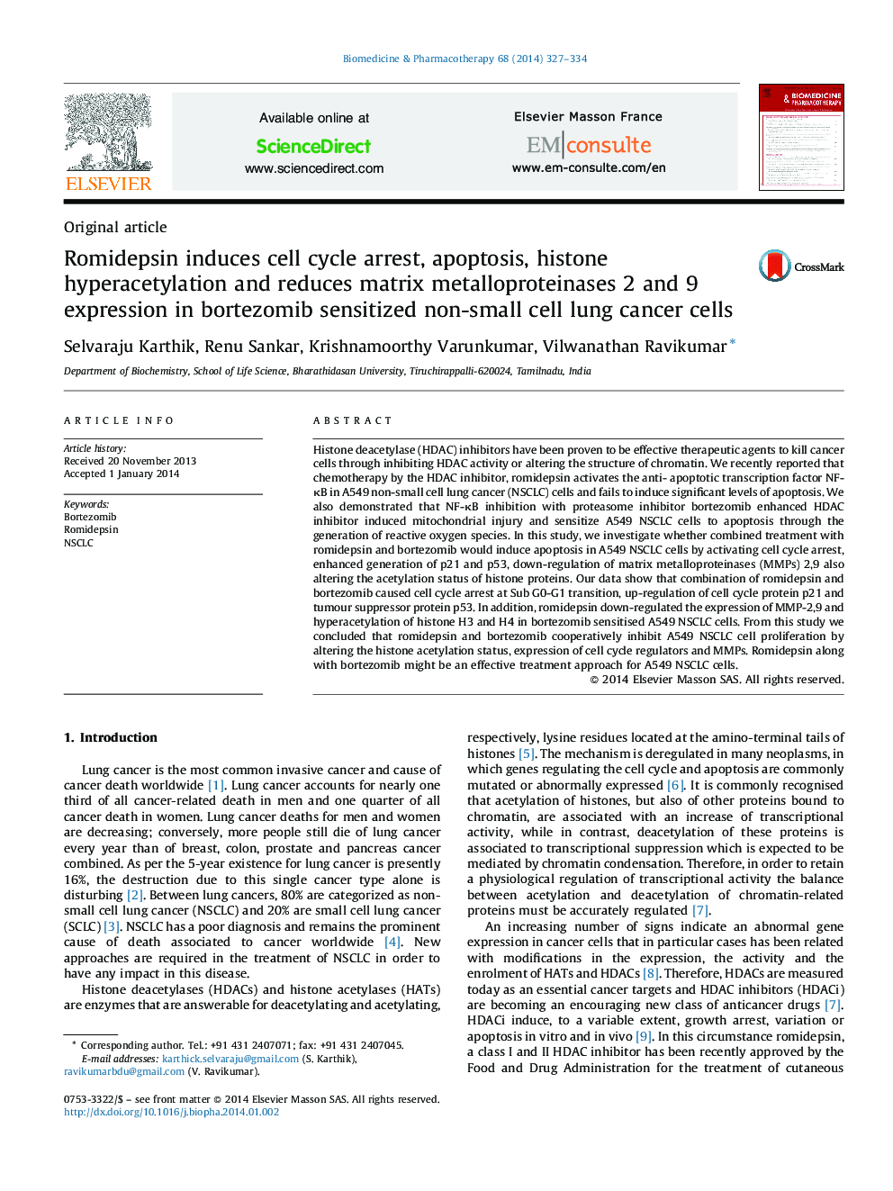 Romidepsin induces cell cycle arrest, apoptosis, histone hyperacetylation and reduces matrix metalloproteinases 2 and 9 expression in bortezomib sensitized non-small cell lung cancer cells