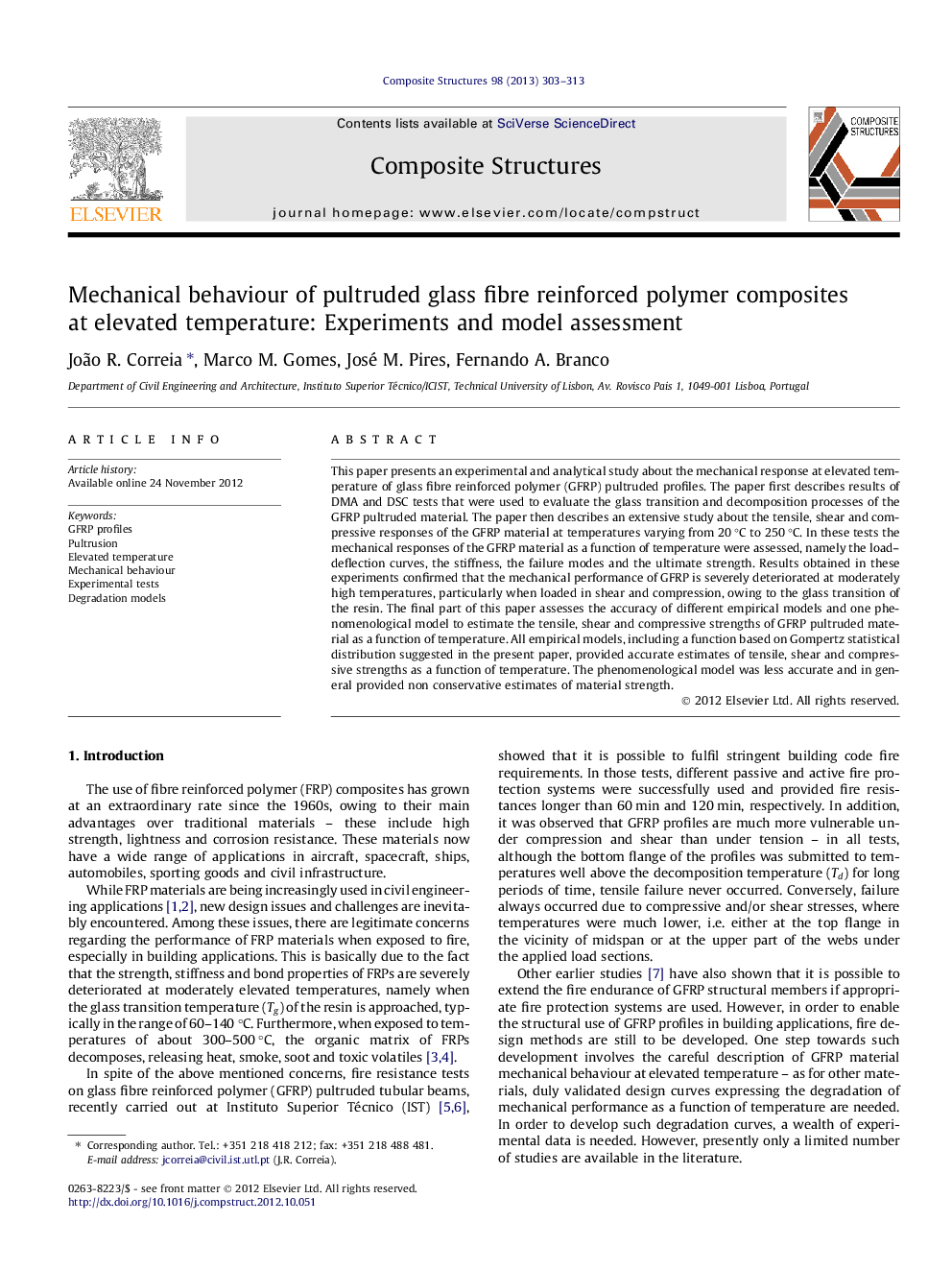 Mechanical behaviour of pultruded glass fibre reinforced polymer composites at elevated temperature: Experiments and model assessment