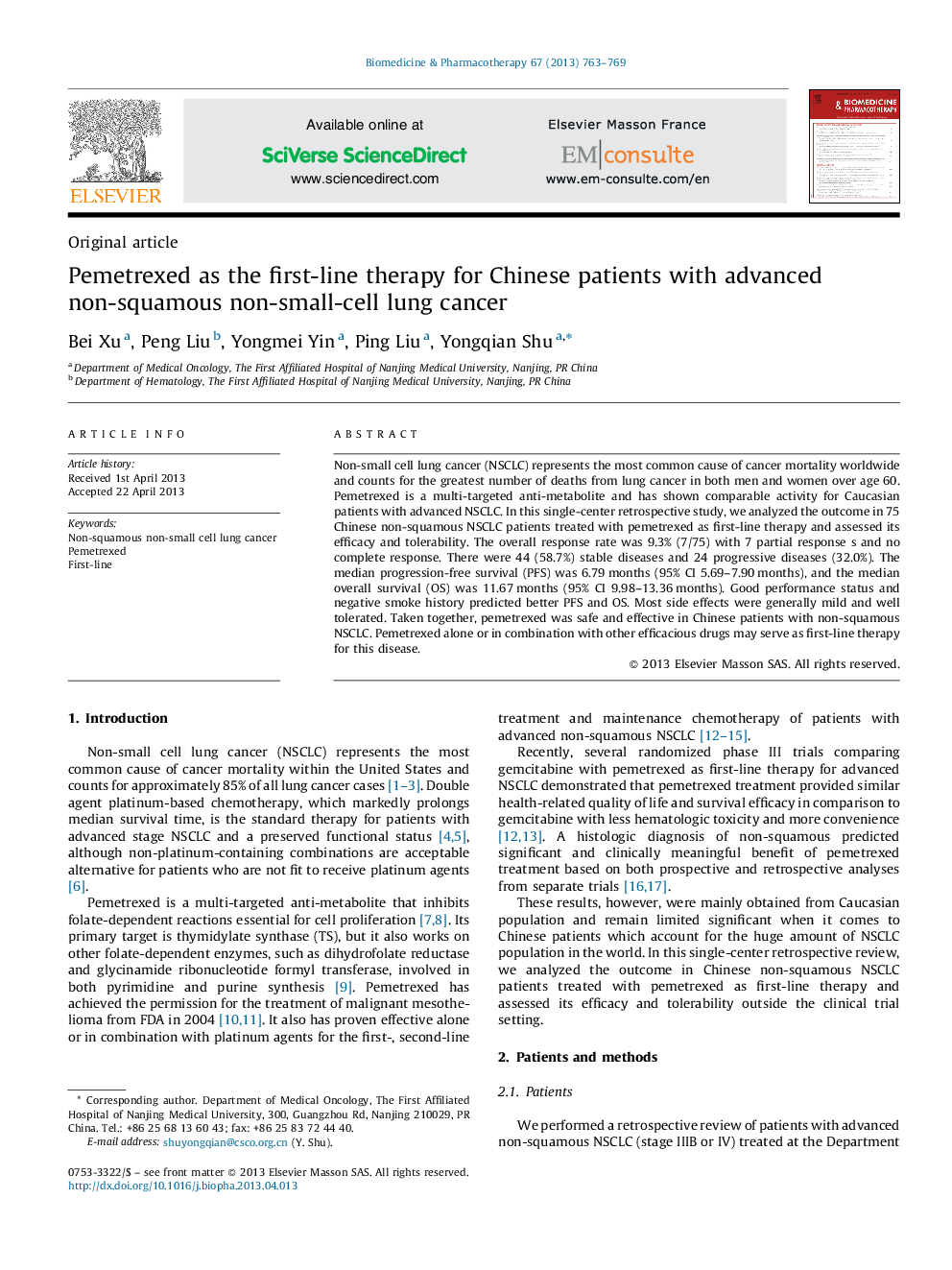 Pemetrexed as the first-line therapy for Chinese patients with advanced non-squamous non-small-cell lung cancer