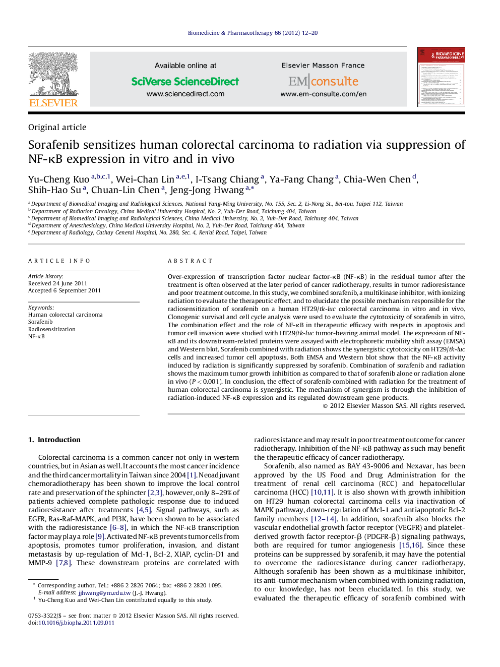 Sorafenib sensitizes human colorectal carcinoma to radiation via suppression of NF-κB expression in vitro and in vivo