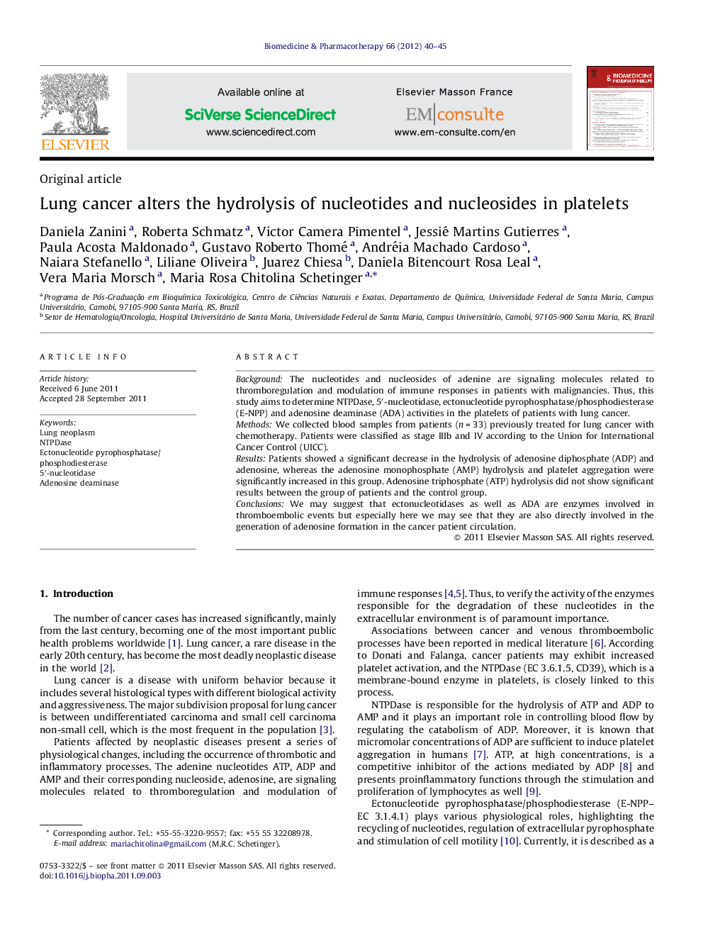 Lung cancer alters the hydrolysis of nucleotides and nucleosides in platelets