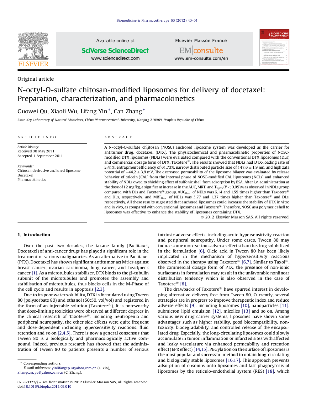 N-octyl-O-sulfate chitosan-modified liposomes for delivery of docetaxel: Preparation, characterization, and pharmacokinetics