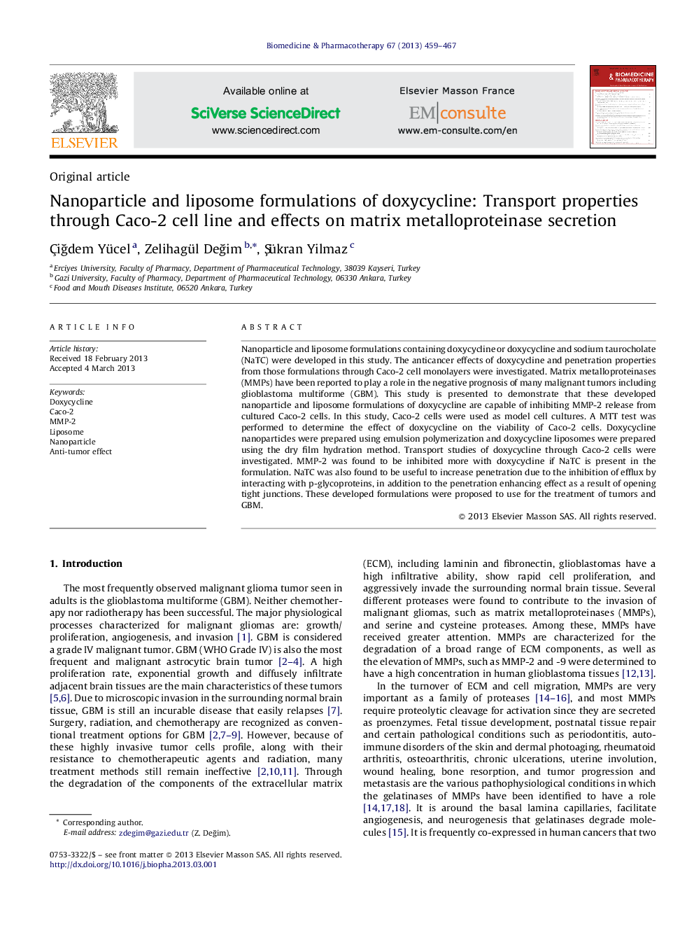 Nanoparticle and liposome formulations of doxycycline: Transport properties through Caco-2 cell line and effects on matrix metalloproteinase secretion