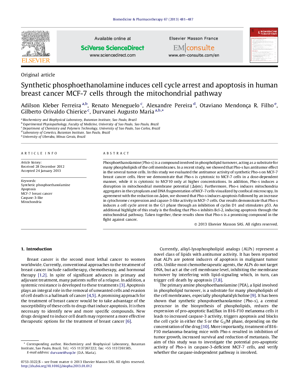 Synthetic phosphoethanolamine induces cell cycle arrest and apoptosis in human breast cancer MCF-7 cells through the mitochondrial pathway