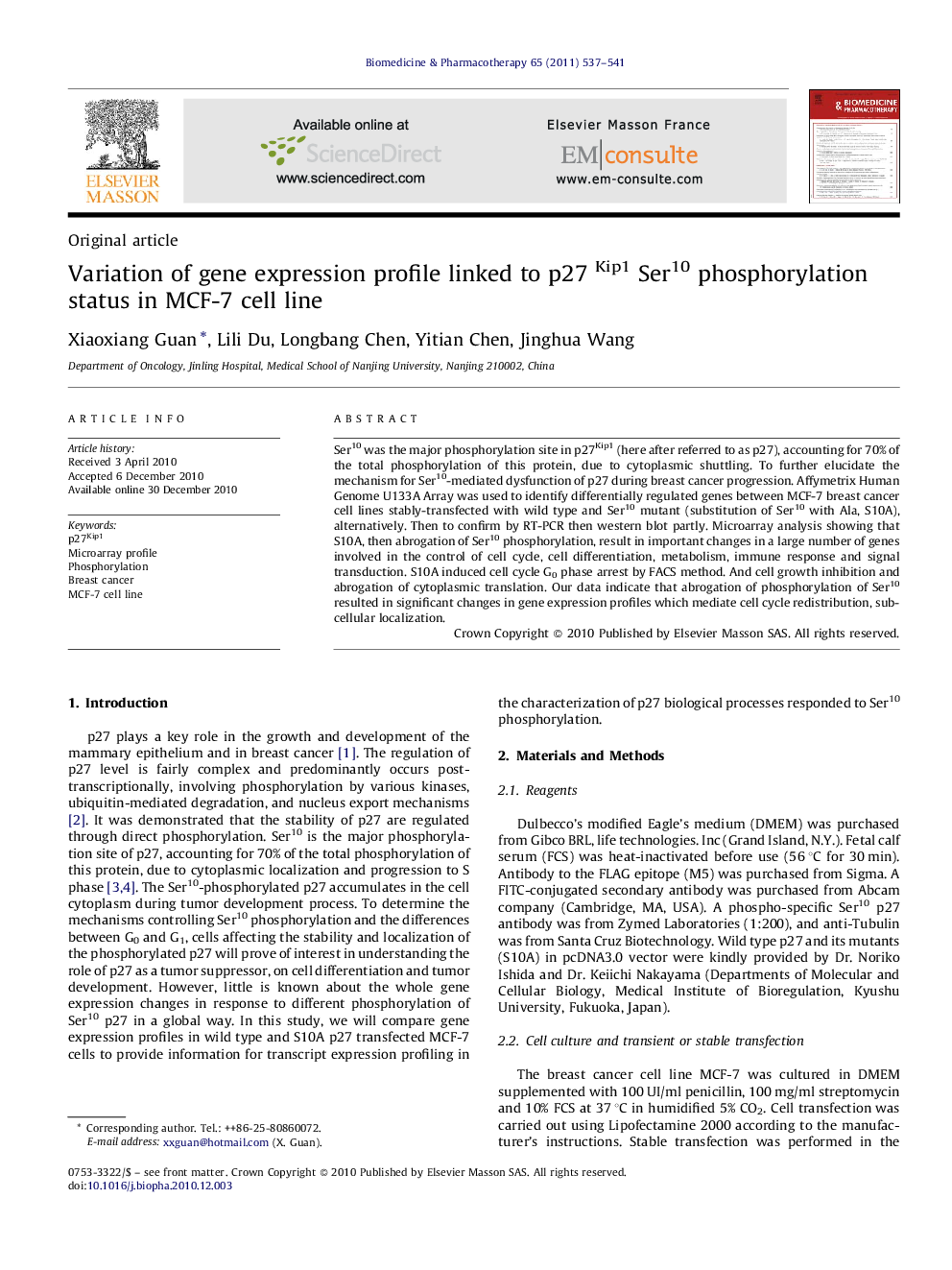 Variation of gene expression profile linked to p27 Kip1 Ser10 phosphorylation status in MCF-7 cell line