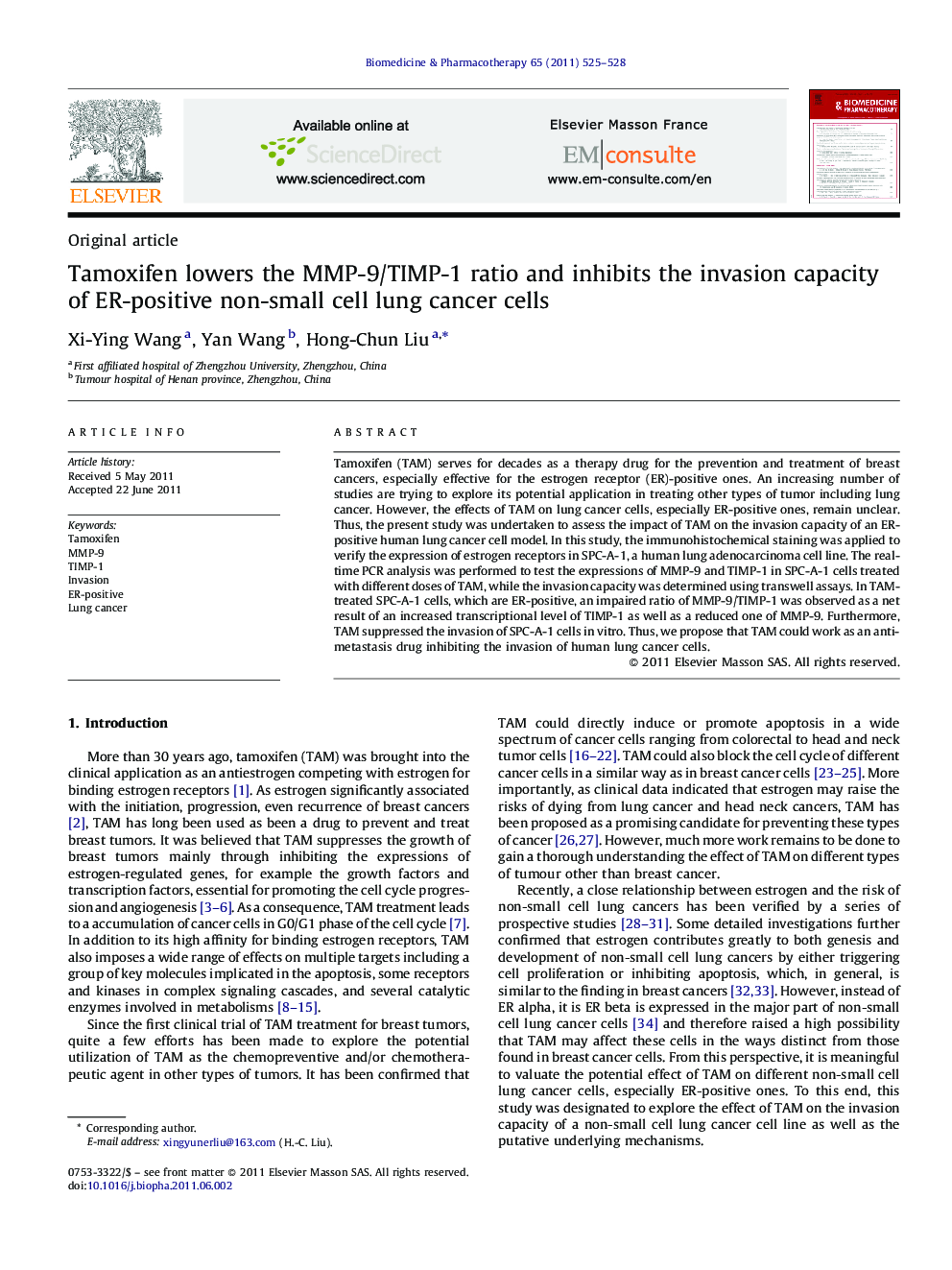 Tamoxifen lowers the MMP-9/TIMP-1 ratio and inhibits the invasion capacity of ER-positive non-small cell lung cancer cells