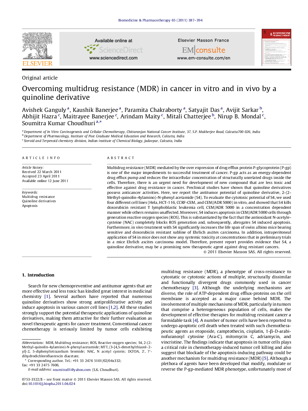 Overcoming multidrug resistance (MDR) in cancer in vitro and in vivo by a quinoline derivative