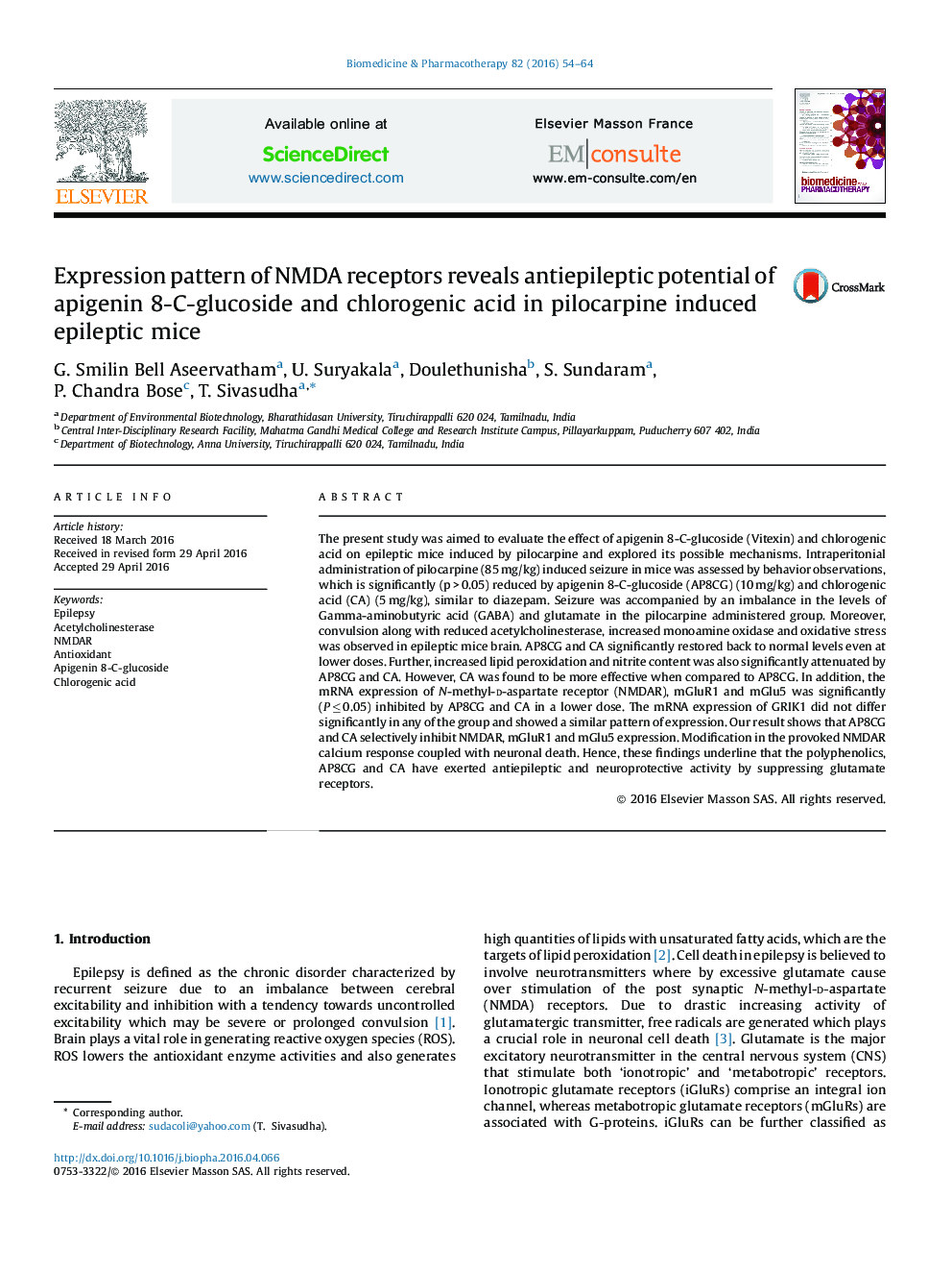 Expression pattern of NMDA receptors reveals antiepileptic potential of apigenin 8-C-glucoside and chlorogenic acid in pilocarpine induced epileptic mice