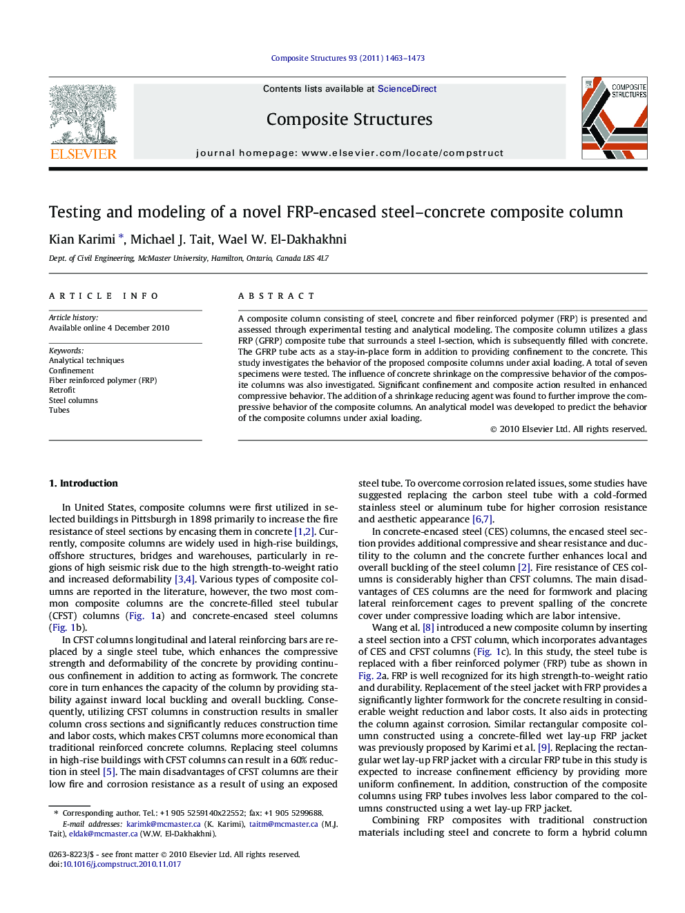 Testing and modeling of a novel FRP-encased steel–concrete composite column