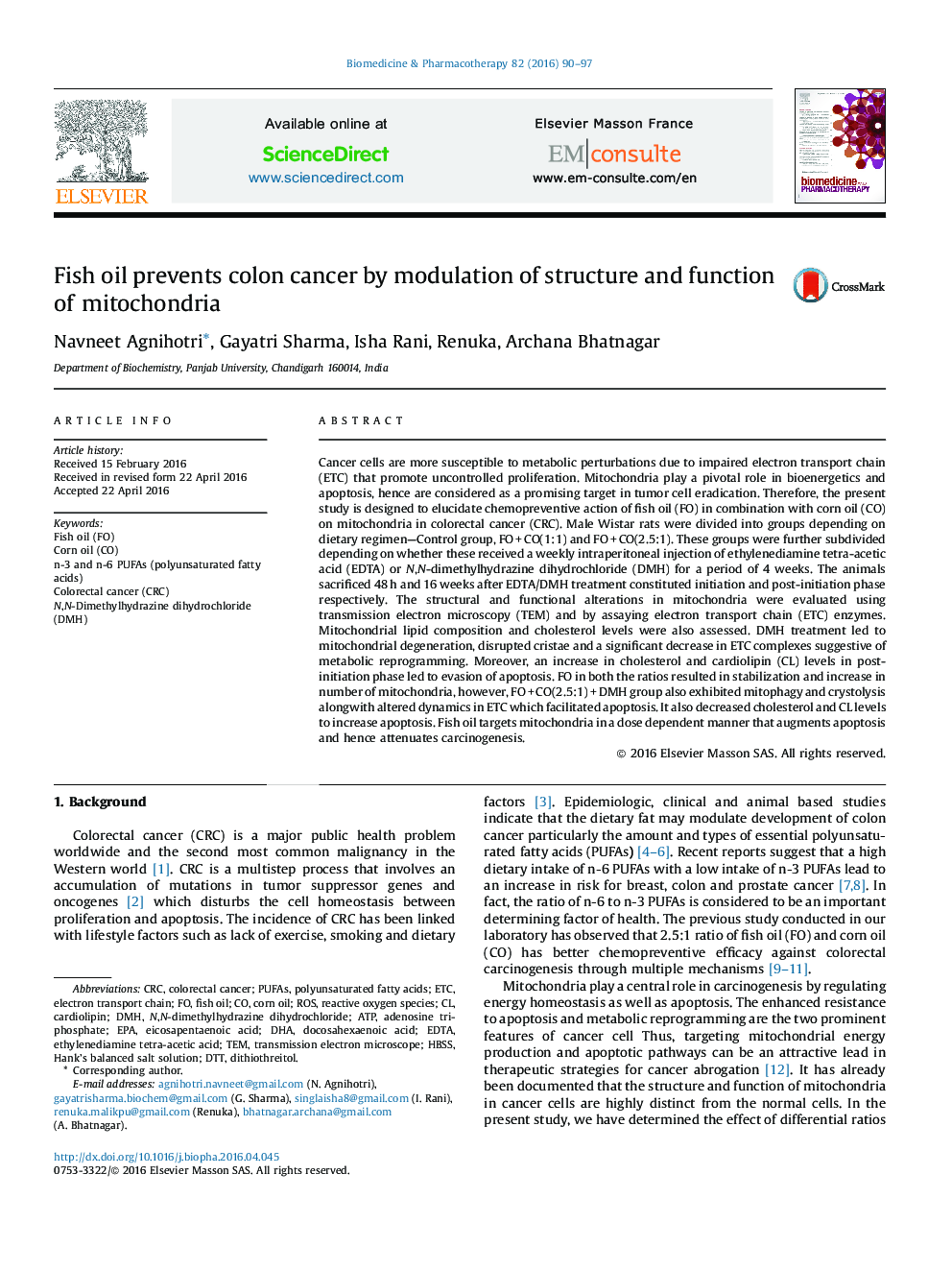 Fish oil prevents colon cancer by modulation of structure and function of mitochondria