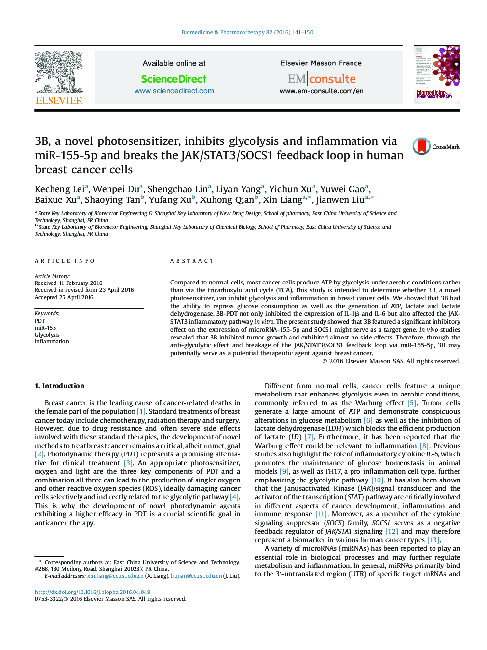 3B, a novel photosensitizer, inhibits glycolysis and inflammation via miR-155-5p and breaks the JAK/STAT3/SOCS1 feedback loop in human breast cancer cells