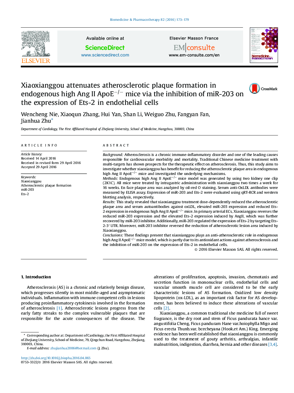 Xiaoxianggou attenuates atherosclerotic plaque formation in endogenous high Ang II ApoE−/− mice via the inhibition of miR-203 on the expression of Ets-2 in endothelial cells