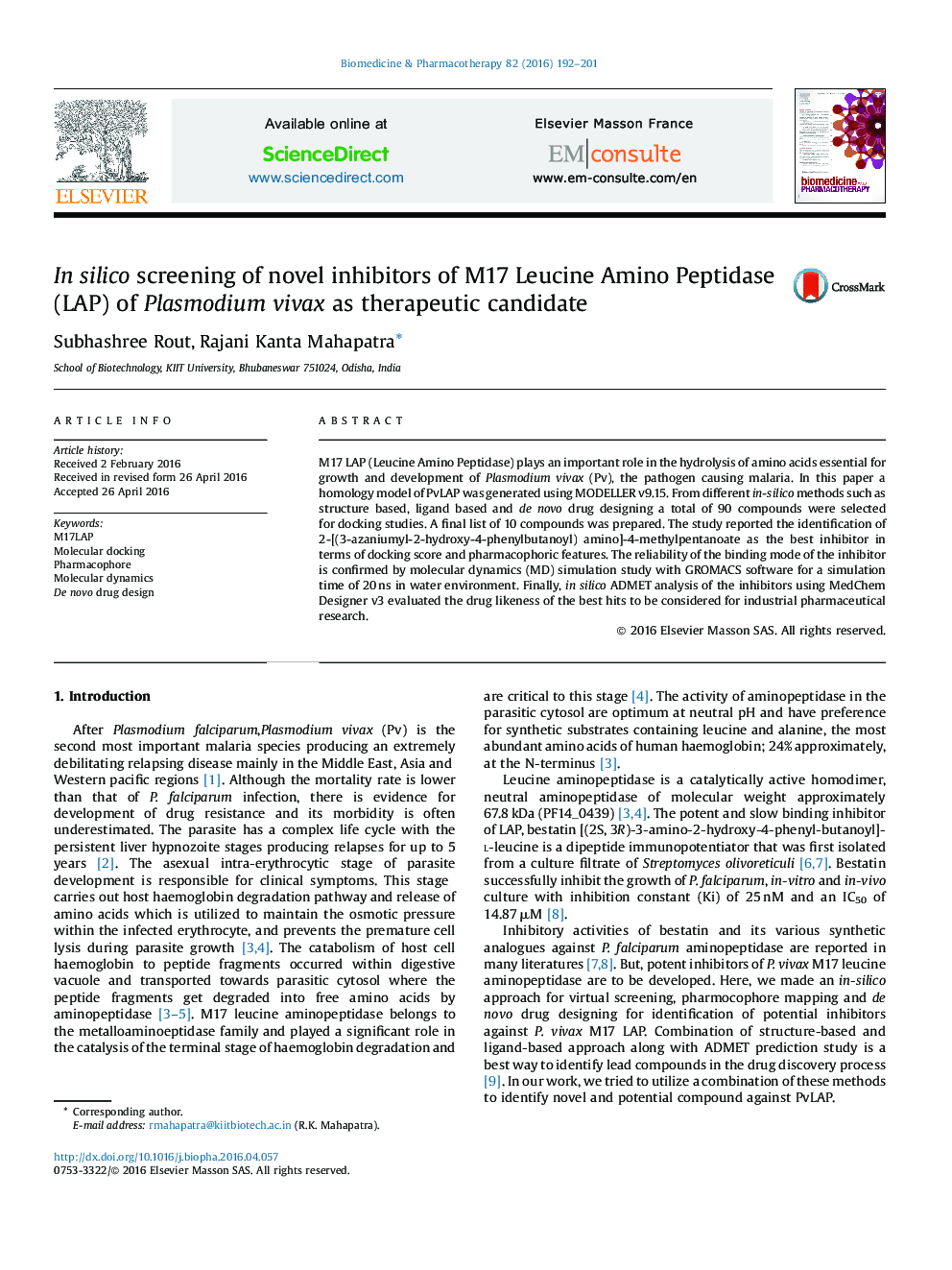 In silico screening of novel inhibitors of M17 Leucine Amino Peptidase (LAP) of Plasmodium vivax as therapeutic candidate