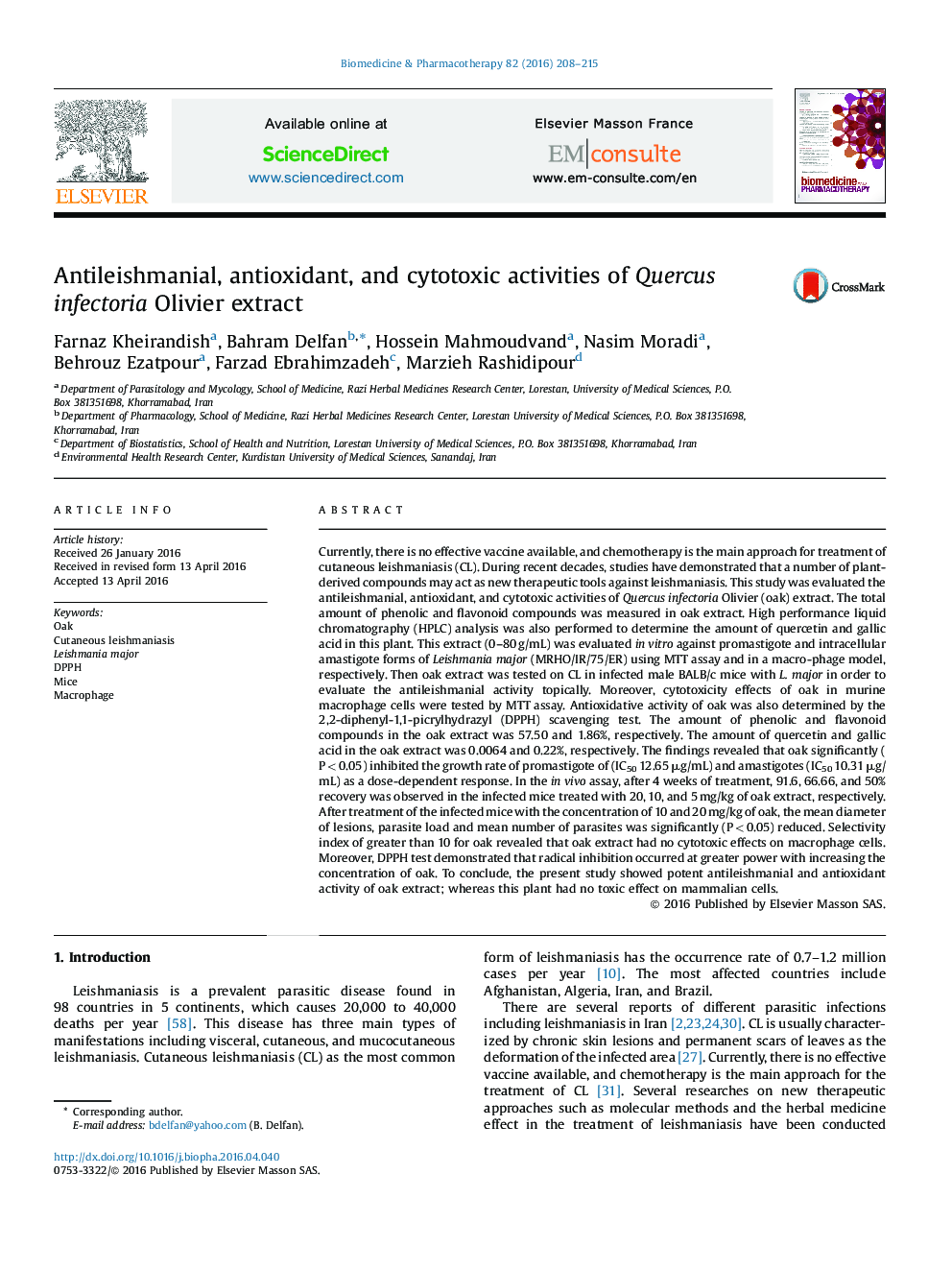 Antileishmanial, antioxidant, and cytotoxic activities of Quercus infectoria Olivier extract