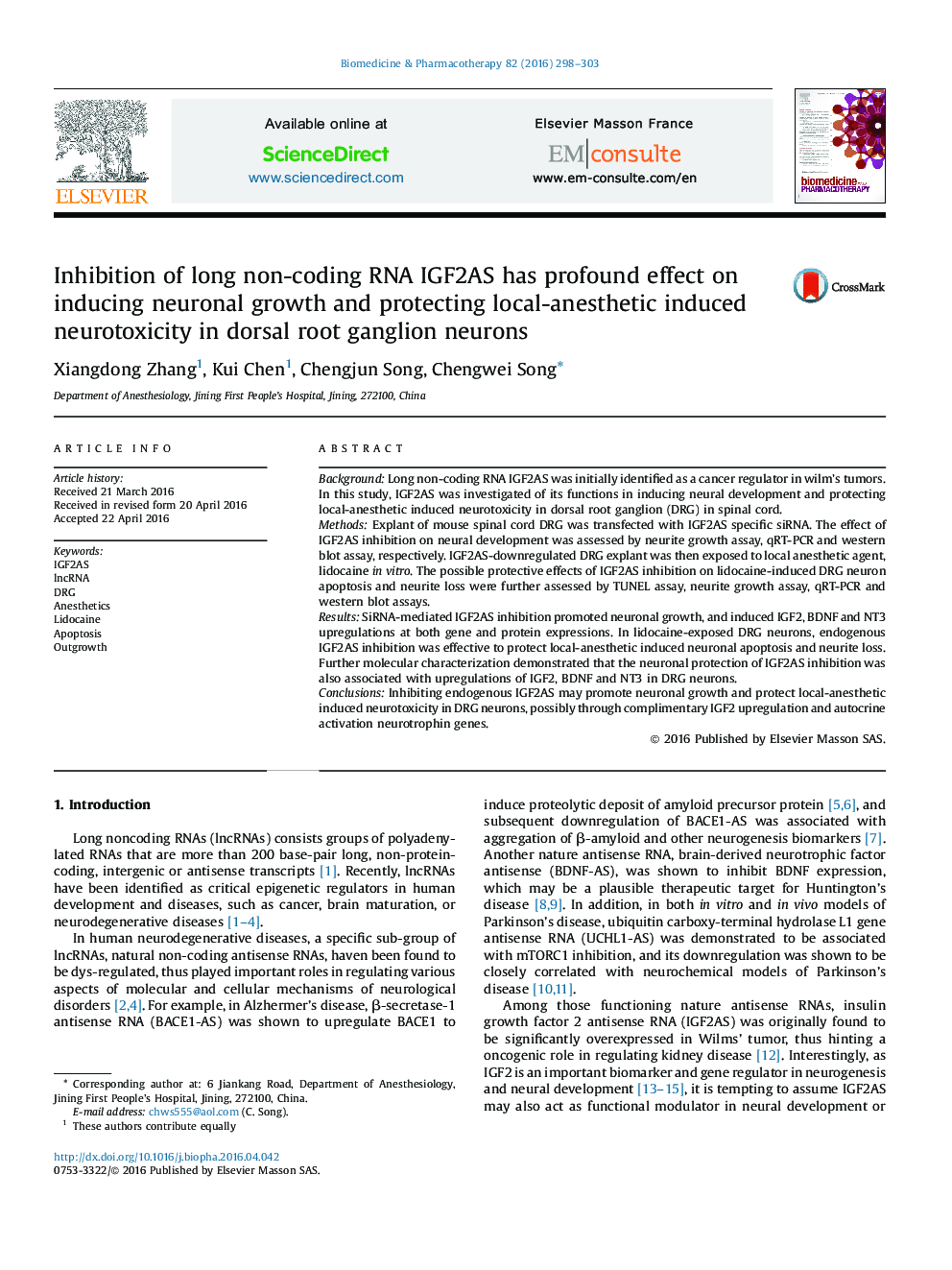 Inhibition of long non-coding RNA IGF2AS has profound effect on inducing neuronal growth and protecting local-anesthetic induced neurotoxicity in dorsal root ganglion neurons