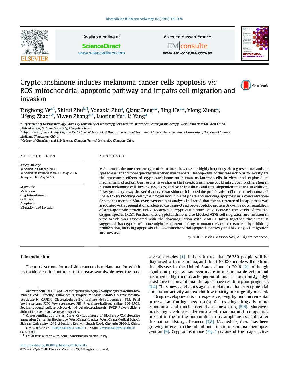 Cryptotanshinone induces melanoma cancer cells apoptosis via ROS-mitochondrial apoptotic pathway and impairs cell migration and invasion