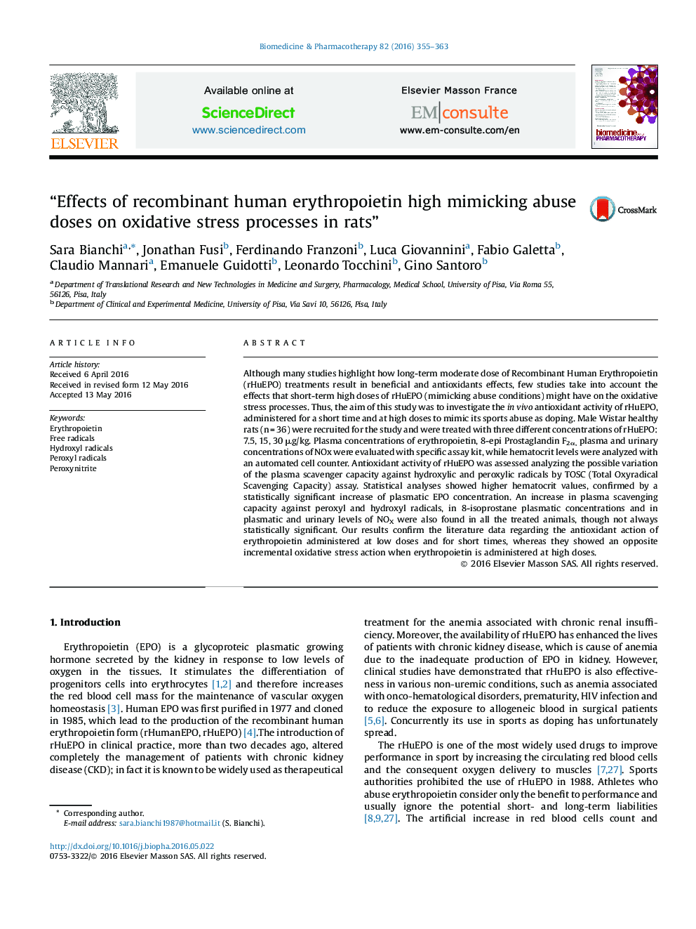 “Effects of recombinant human erythropoietin high mimicking abuse doses on oxidative stress processes in rats”