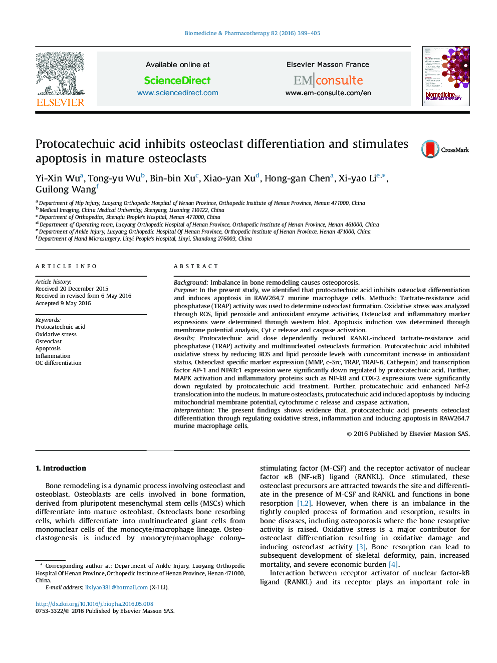 Protocatechuic acid inhibits osteoclast differentiation and stimulates apoptosis in mature osteoclasts