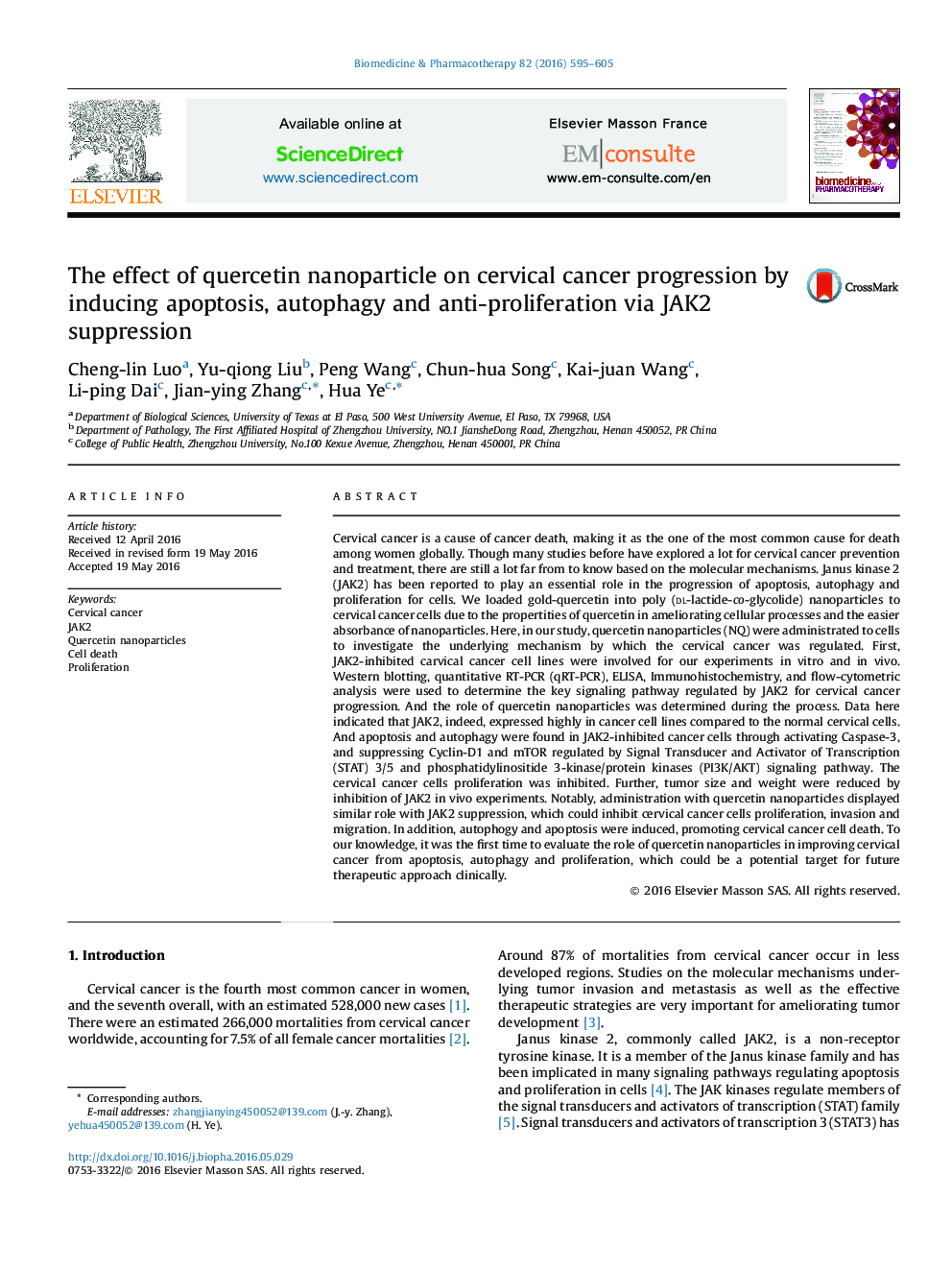 The effect of quercetin nanoparticle on cervical cancer progression by inducing apoptosis, autophagy and anti-proliferation via JAK2 suppression