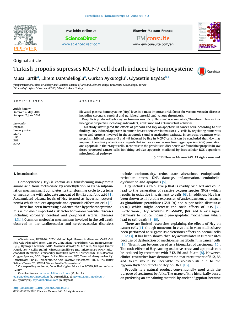 عکس صفحه اول مقاله: Turkish propolis supresses MCF-7 cell death induced by homocysteine Turkish propolis supresses MCF-7 cell death induced by homocysteine