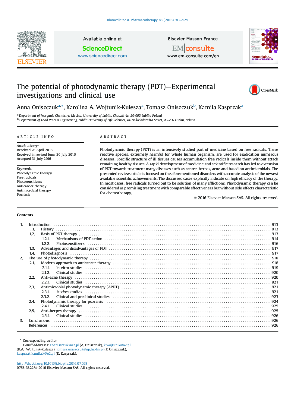 The potential of photodynamic therapy (PDT)—Experimental investigations and clinical use