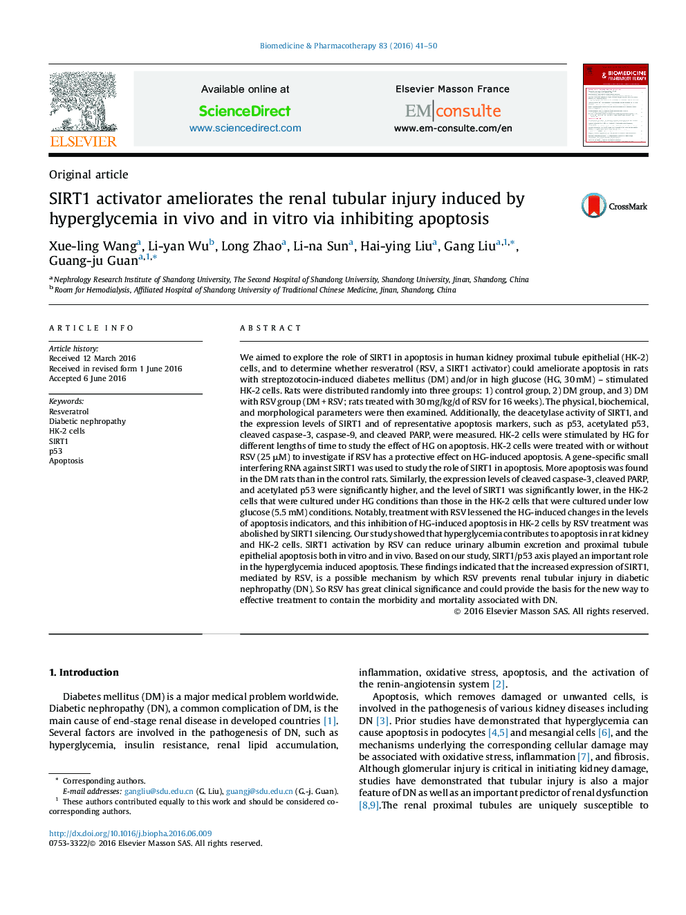 SIRT1 activator ameliorates the renal tubular injury induced by hyperglycemia in vivo and in vitro via inhibiting apoptosis