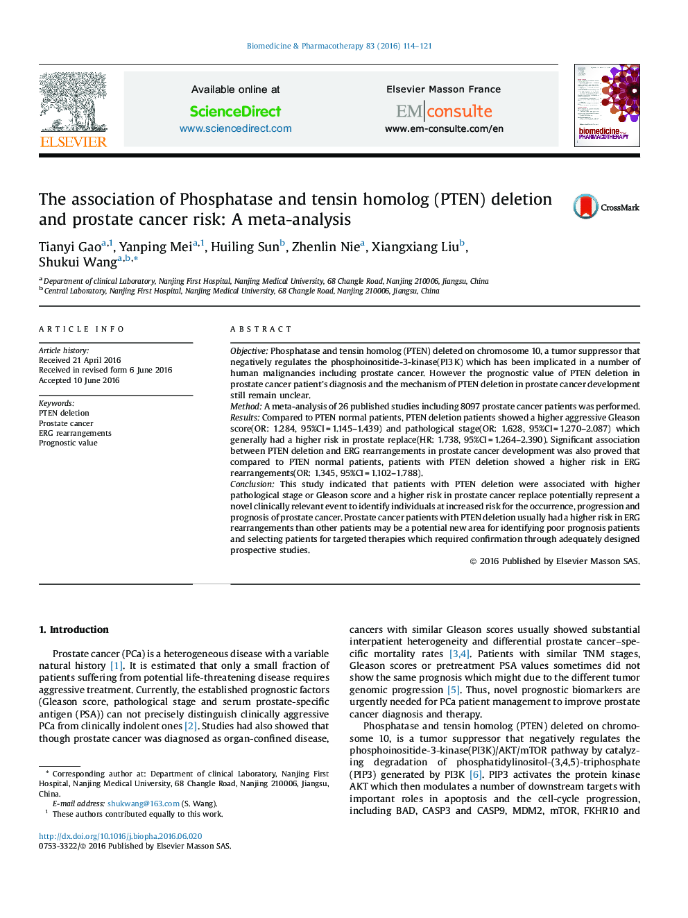 The association of Phosphatase and tensin homolog (PTEN) deletion and prostate cancer risk: A meta-analysis