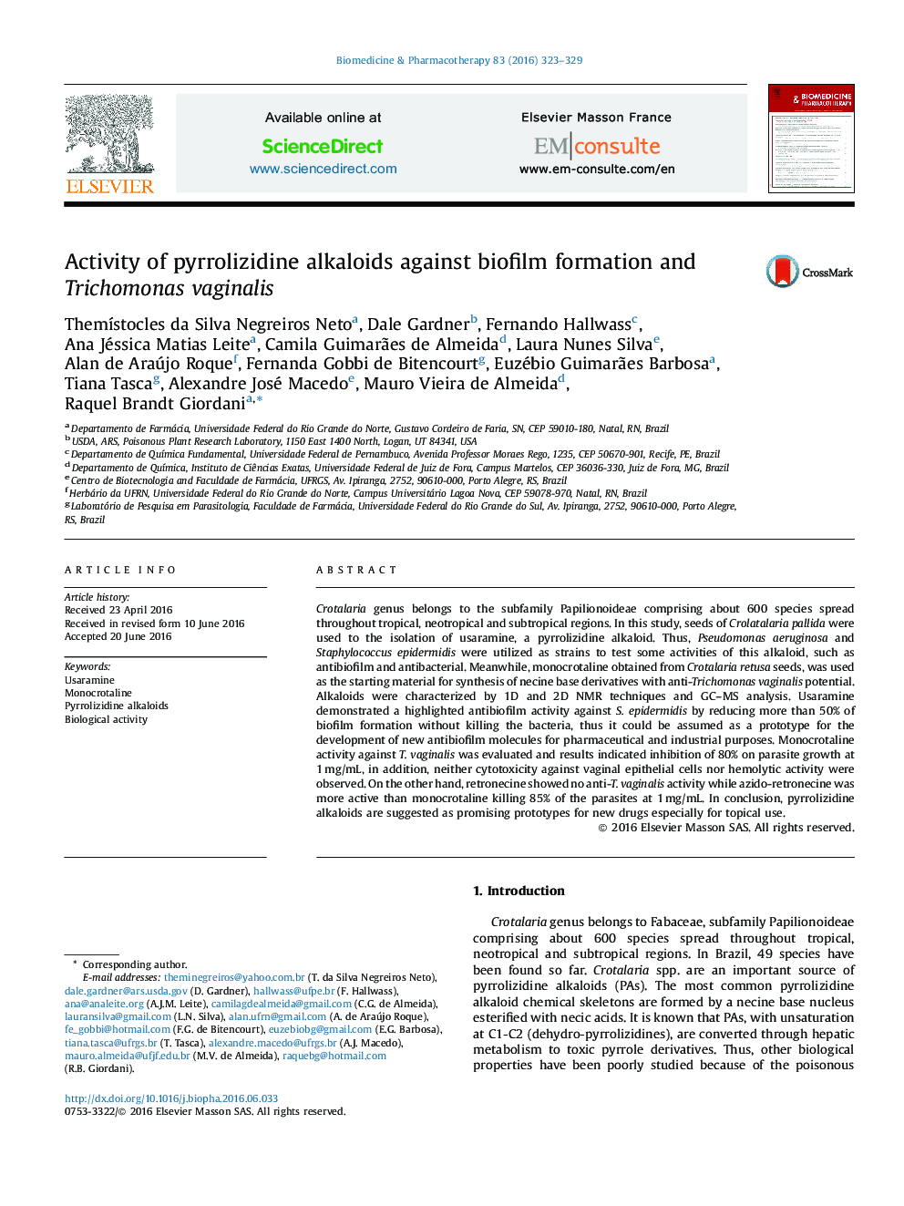 Activity of pyrrolizidine alkaloids against biofilm formation and Trichomonas vaginalis