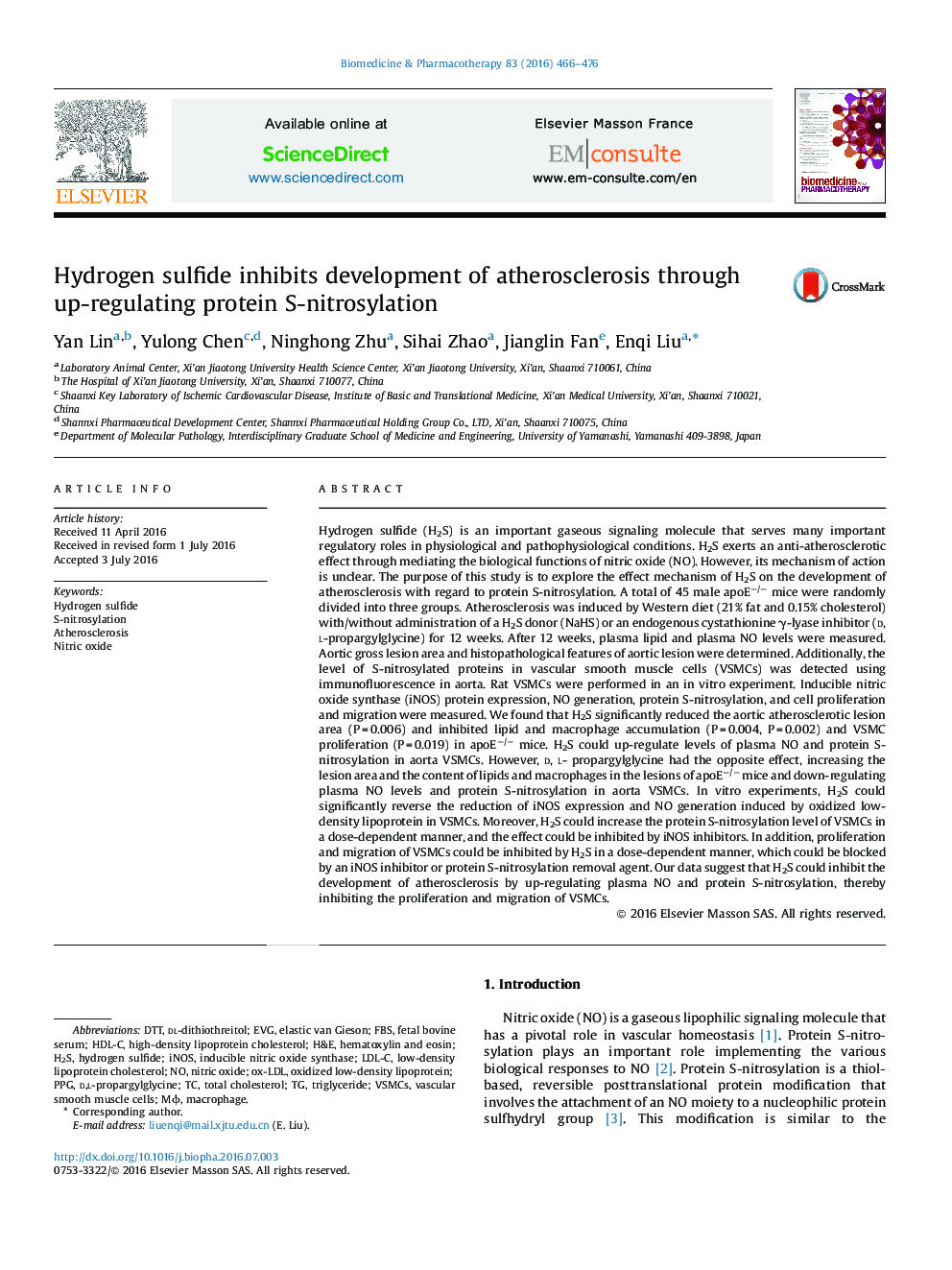 Hydrogen sulfide inhibits development of atherosclerosis through up-regulating protein S-nitrosylation