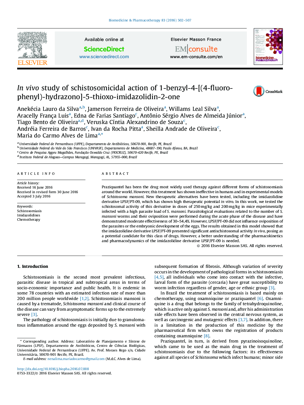 In vivo study of schistosomicidal action of 1-benzyl-4-[(4-fluoro-phenyl)-hydrazono]-5-thioxo-imidazolidin-2-one